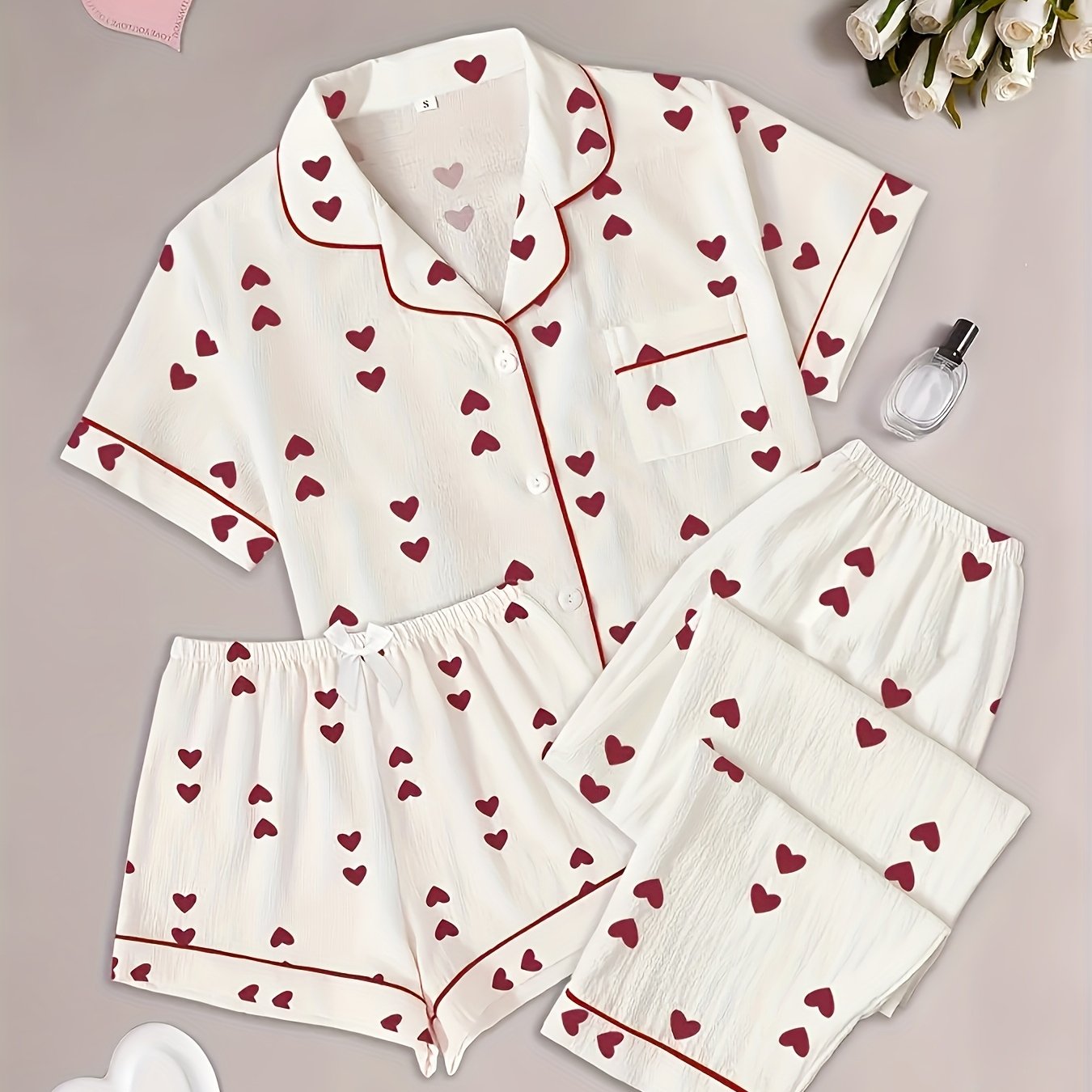 E-shop Teenager 3-teiliges Pyjama-Set, Oberteil mit Herzdruck und Kragen, Shorts und , Ganzjahres-Nachtwäsche, für Teenager, für Teenager