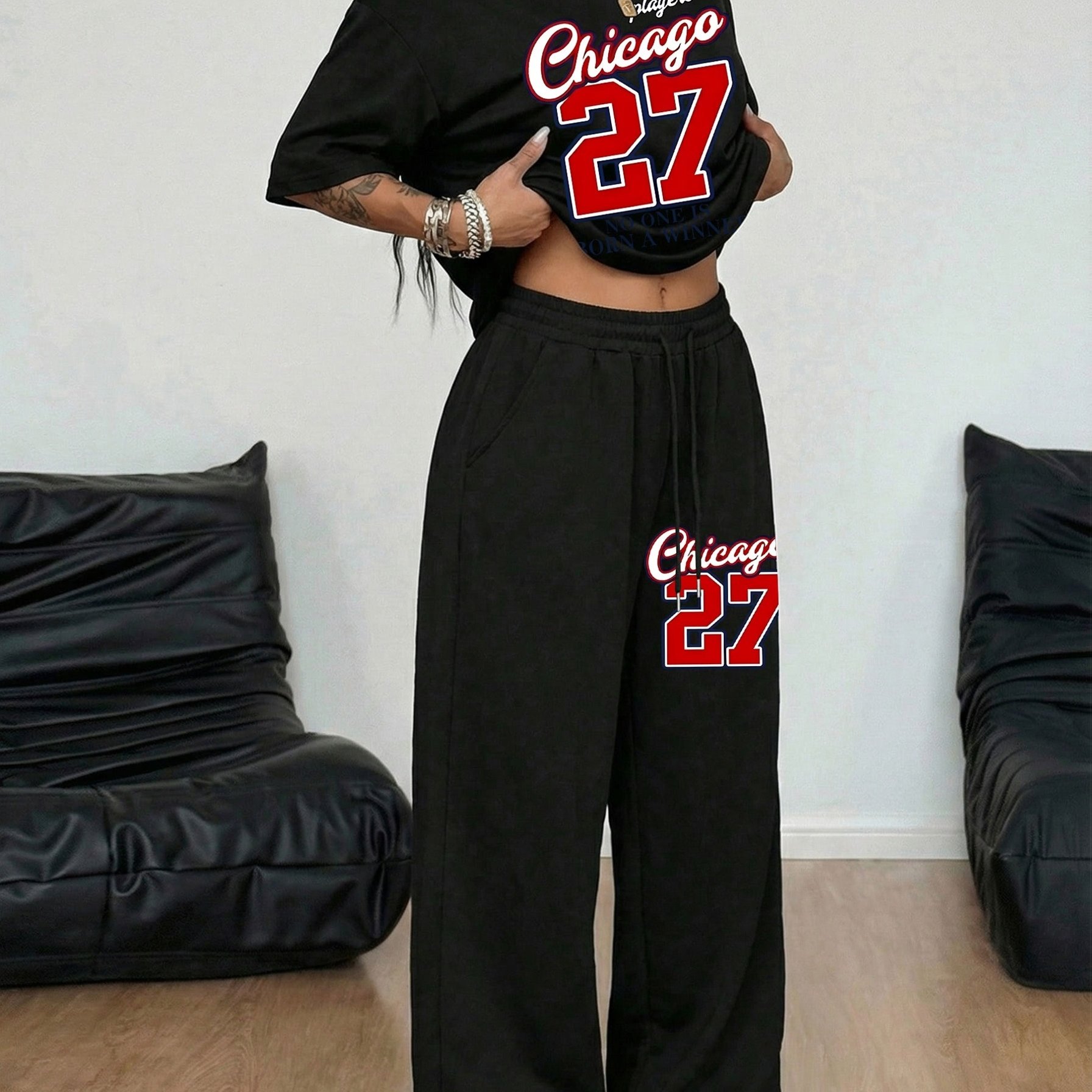 TEMU Women's Casual Streetwear Set Featuring A 'chicago' Print On A Round-neck Short-sleeve Top And Loose Drawstring Pants, Perfect For Summer Street