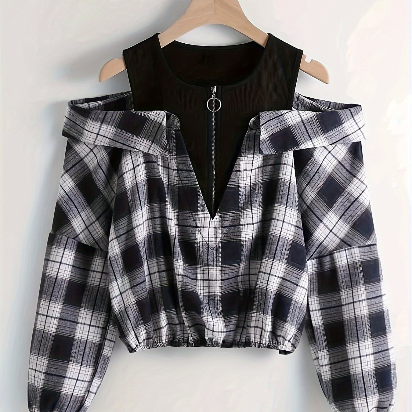 Image of Elegant Off-shoulder Top With A Grid Pattern And Zipper