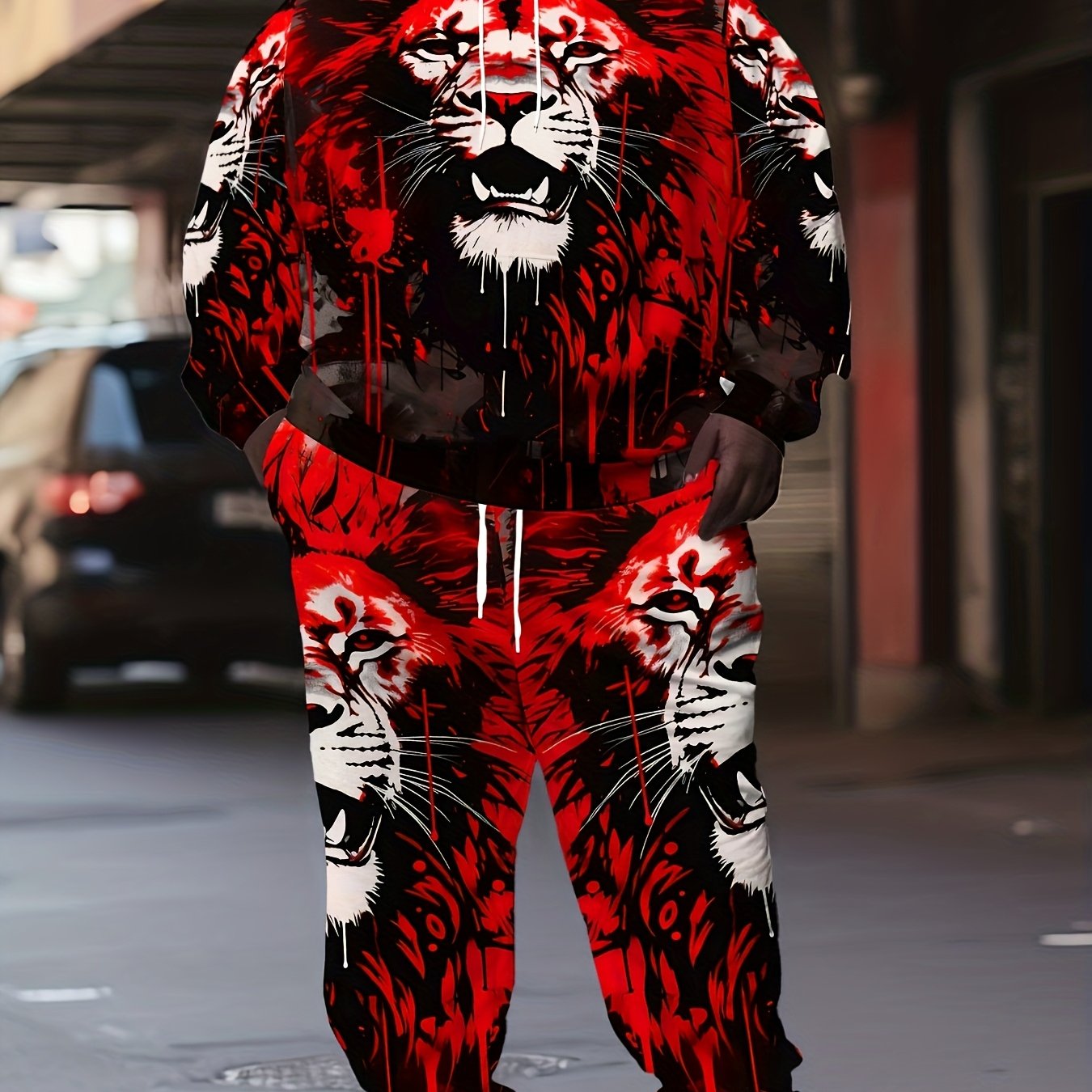 TEMU Men's Plus Size Two-piece Tracksuit, Including Long Sleeve Hoodie And Joggers For Spring/fall Outdoor Use