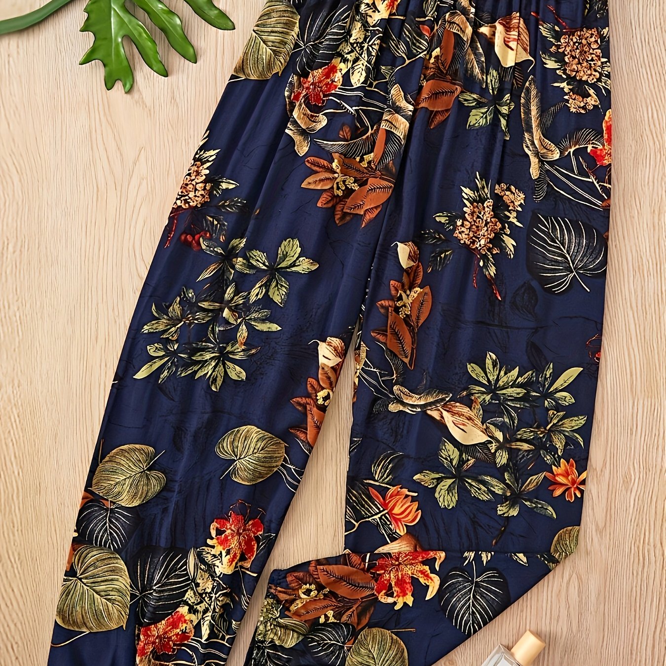TEMU Tropical Print Wide-leg Women's Elegant Trousers, Suitable For Spring, Summer, And Autumn