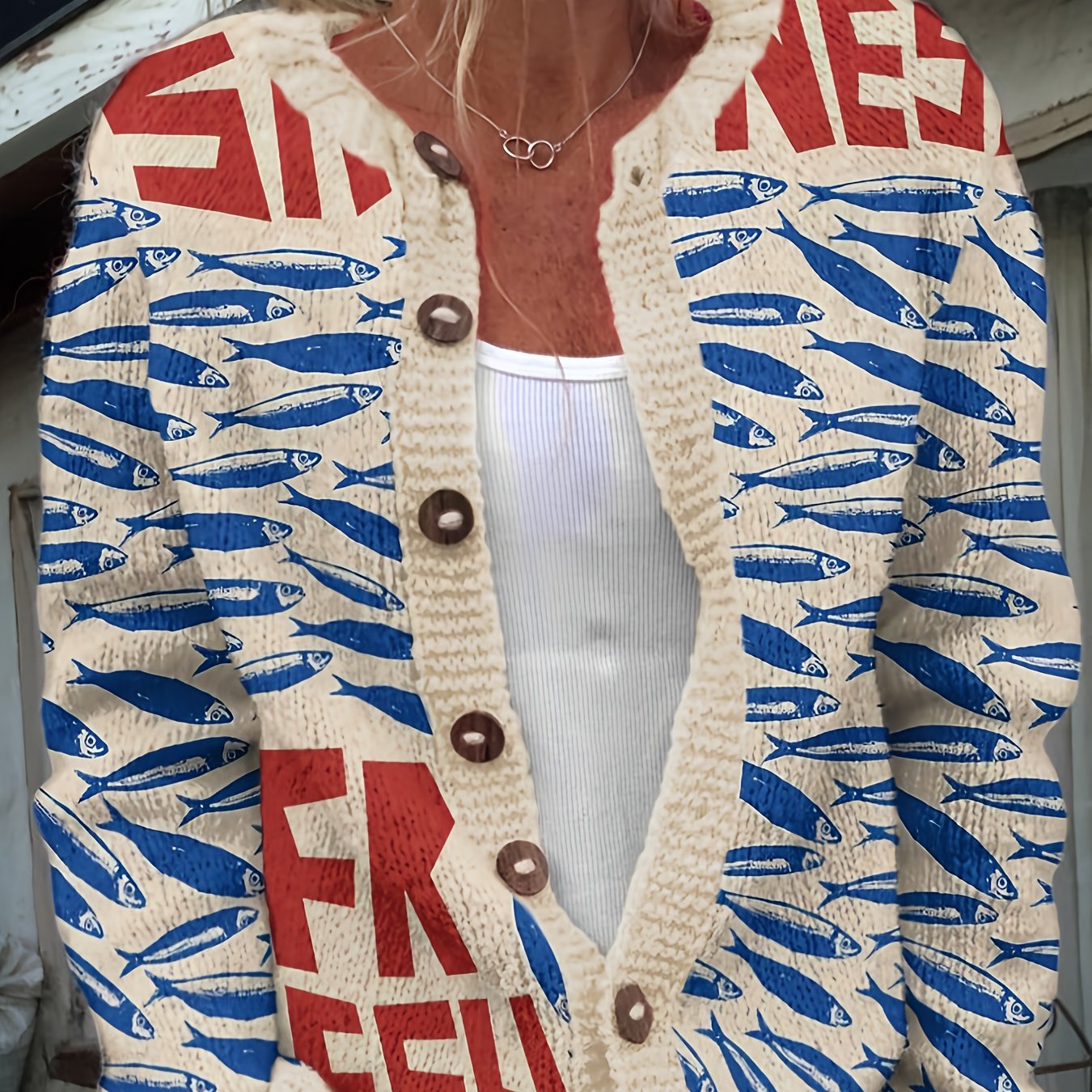 Image of Vintage Letter Print Cardigan Sweater - Retro Open Front Button Design, Loose Fit H-silhouette With Flared Hem, For Women, Fashion Layering Piece, Textured Knitwear