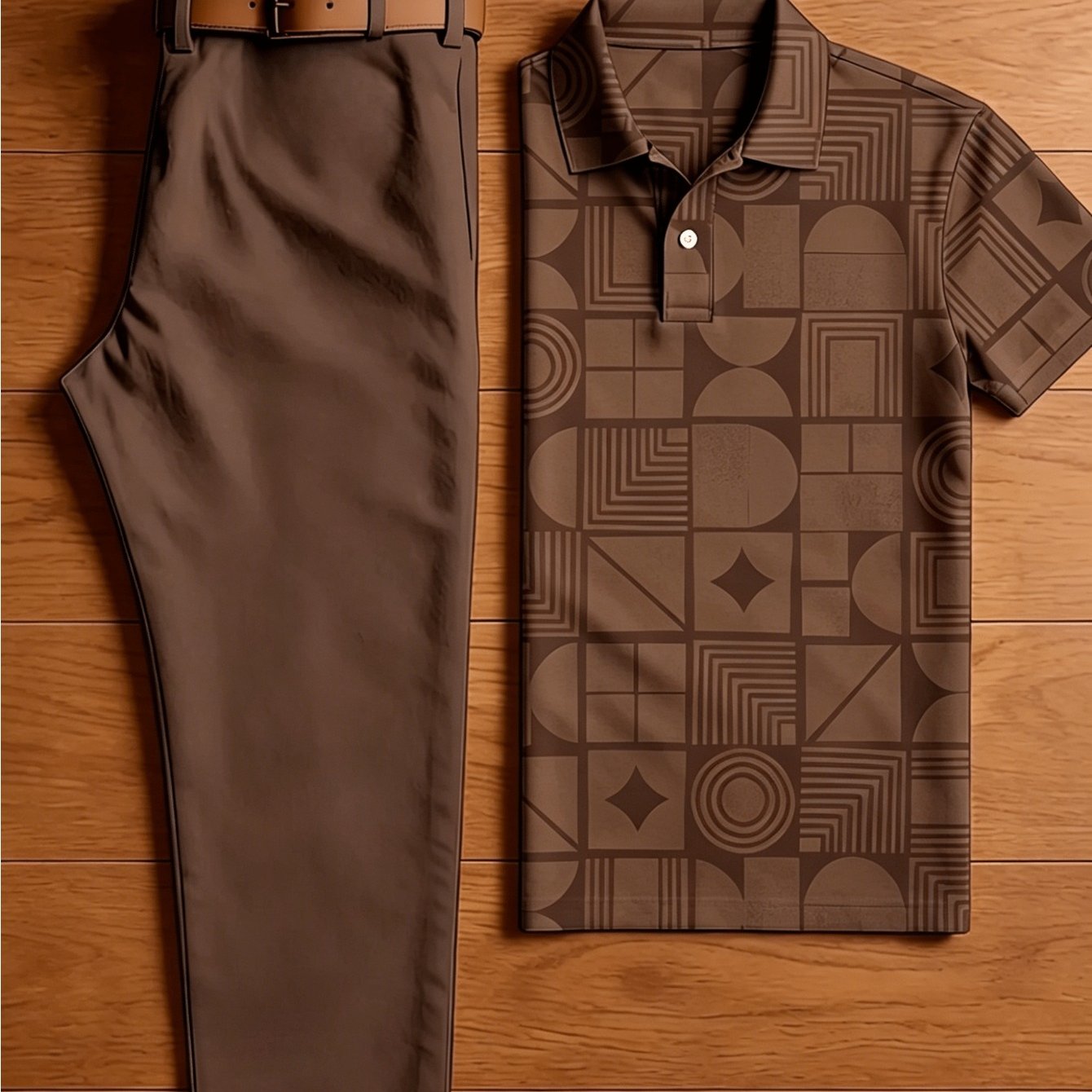 Men's 2pcs Outfit Set, Allover Geometric Shape Full Print Short Sleeve Lapel Shirt + Solid Straight Leg Dress Pants, Casual Wear 2pcs Suit, Summer Breathable Gentleman Matching Outfits For Vacation