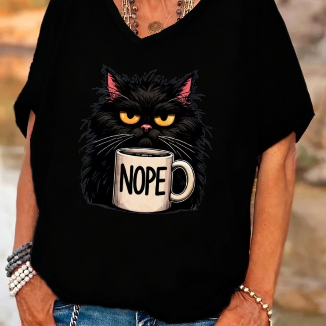 TEMU Plus Size, Plus Sizecasual Style Women's T-shirt Black Cat With Nope Mug Graphic Summer And Fall Wear Gift For Cat Lovers