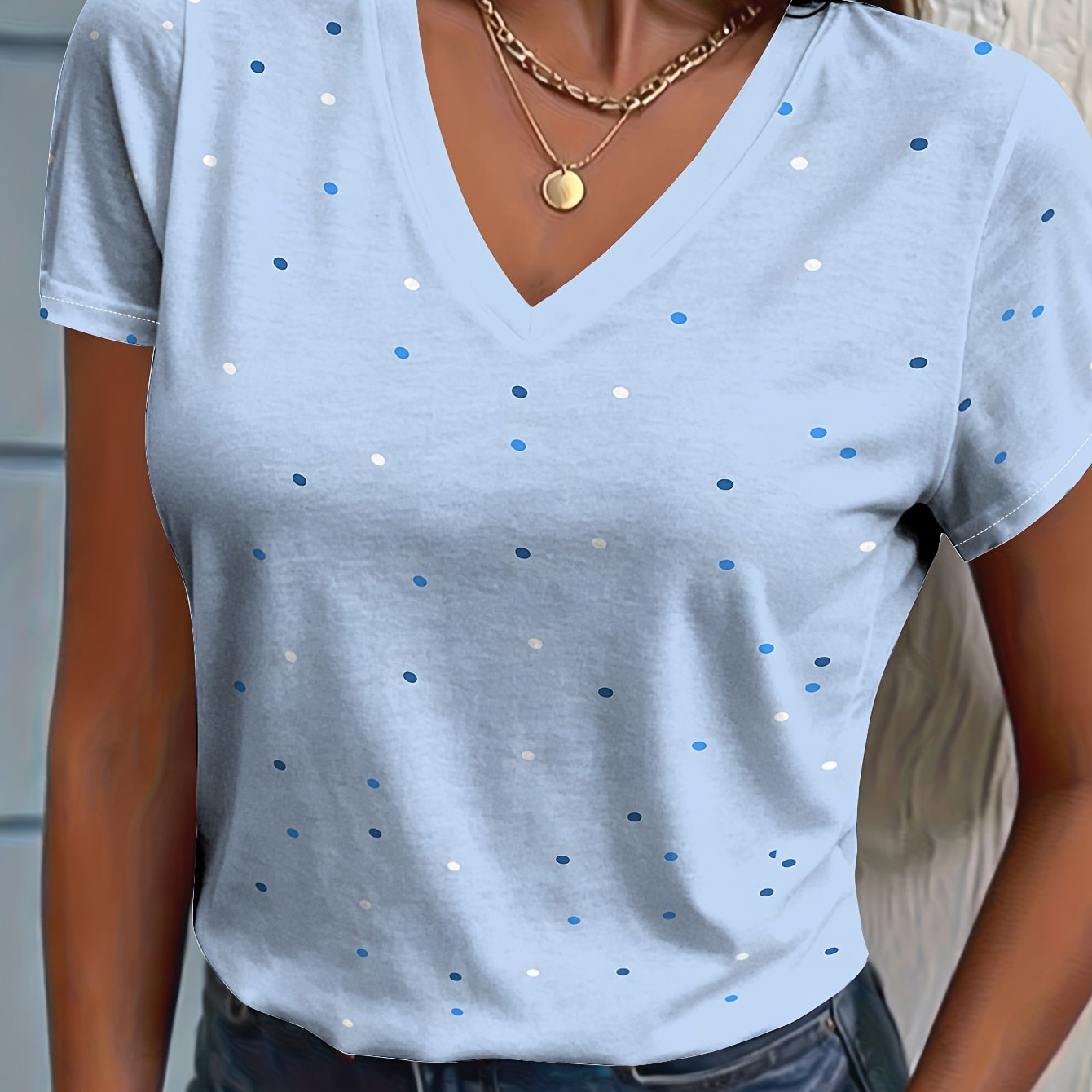 TEMU Light Blue Polka Dot V Neck Short Sleeve T Shirt Women Slim Fashion Casual Summer