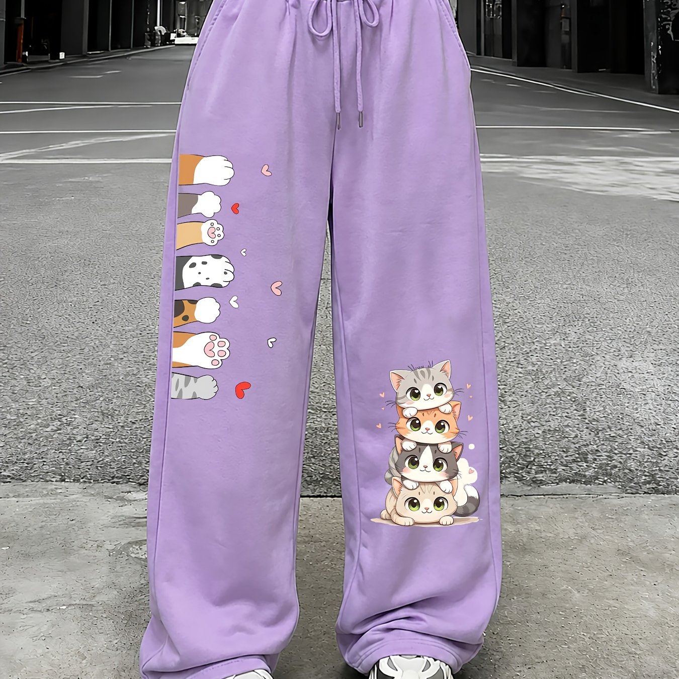 TEMU Cute Kitten, Paw Print Pattern Print, Retro Loose Women's Casual Athletic Long Pants, Drawstring Elastic Waist With Pockets, Wear For Cat Lovers