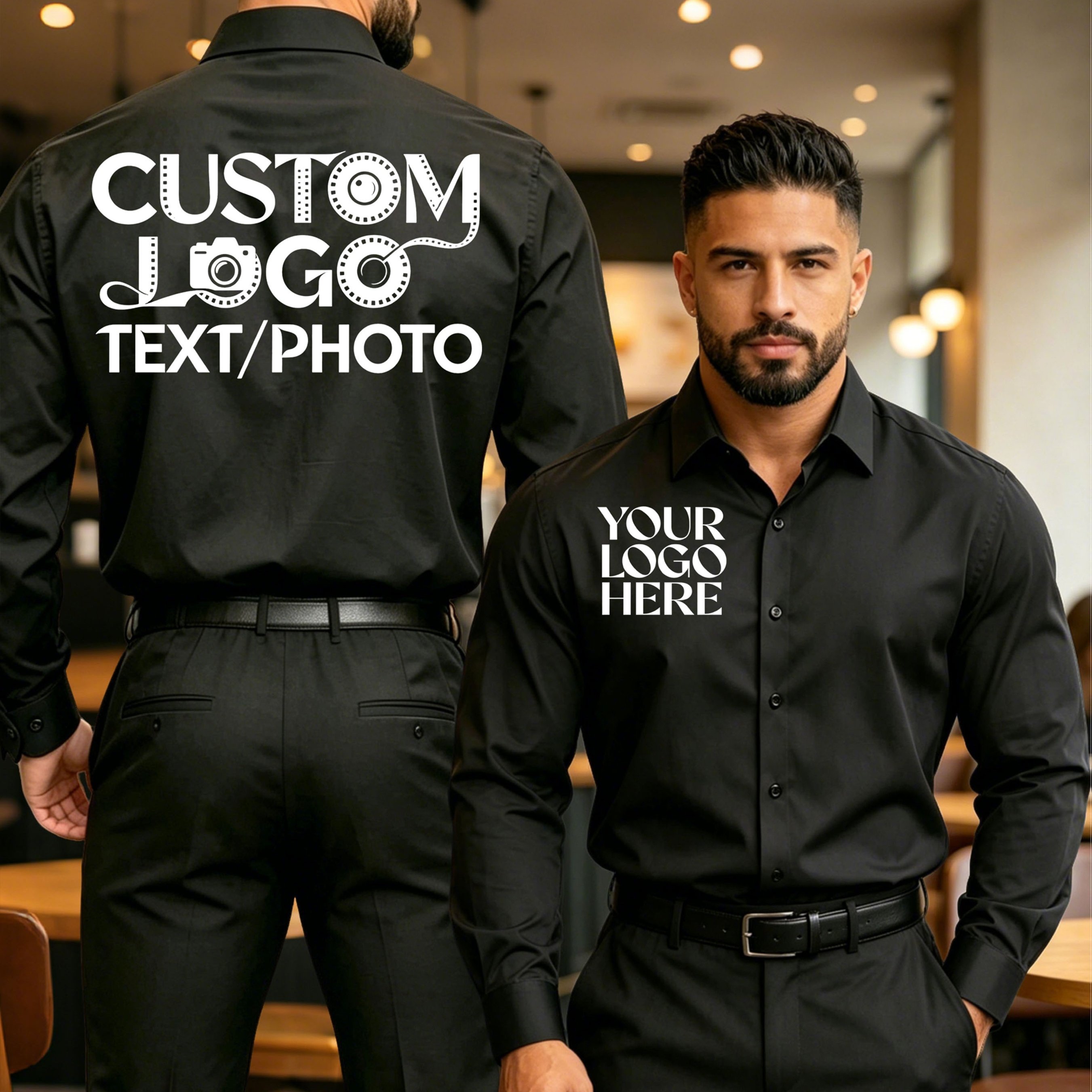 TEMU Men's Customizable Workwear Shirt - Personalized Chest & Back Printing Suitable For Business & Casual Wear, Pocketless Button-front Collar Long