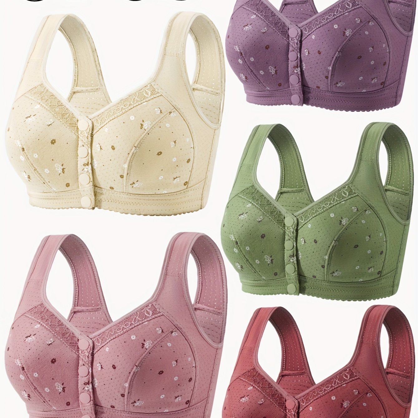 TEMU 5pcs Tank Top Style Wire-free Front-clasp Eyelet Lace Print Breathable Anti-peek Elegant Wireless Women's Bra