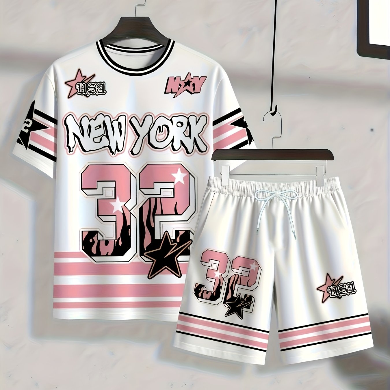 TEMU Heren 2-delige sneldrogende zomeroutfit - Roze gestreepte '32 ' 3D print korte mouwen T-shirt & bijpassende shorts, ademend strandkleding voor
