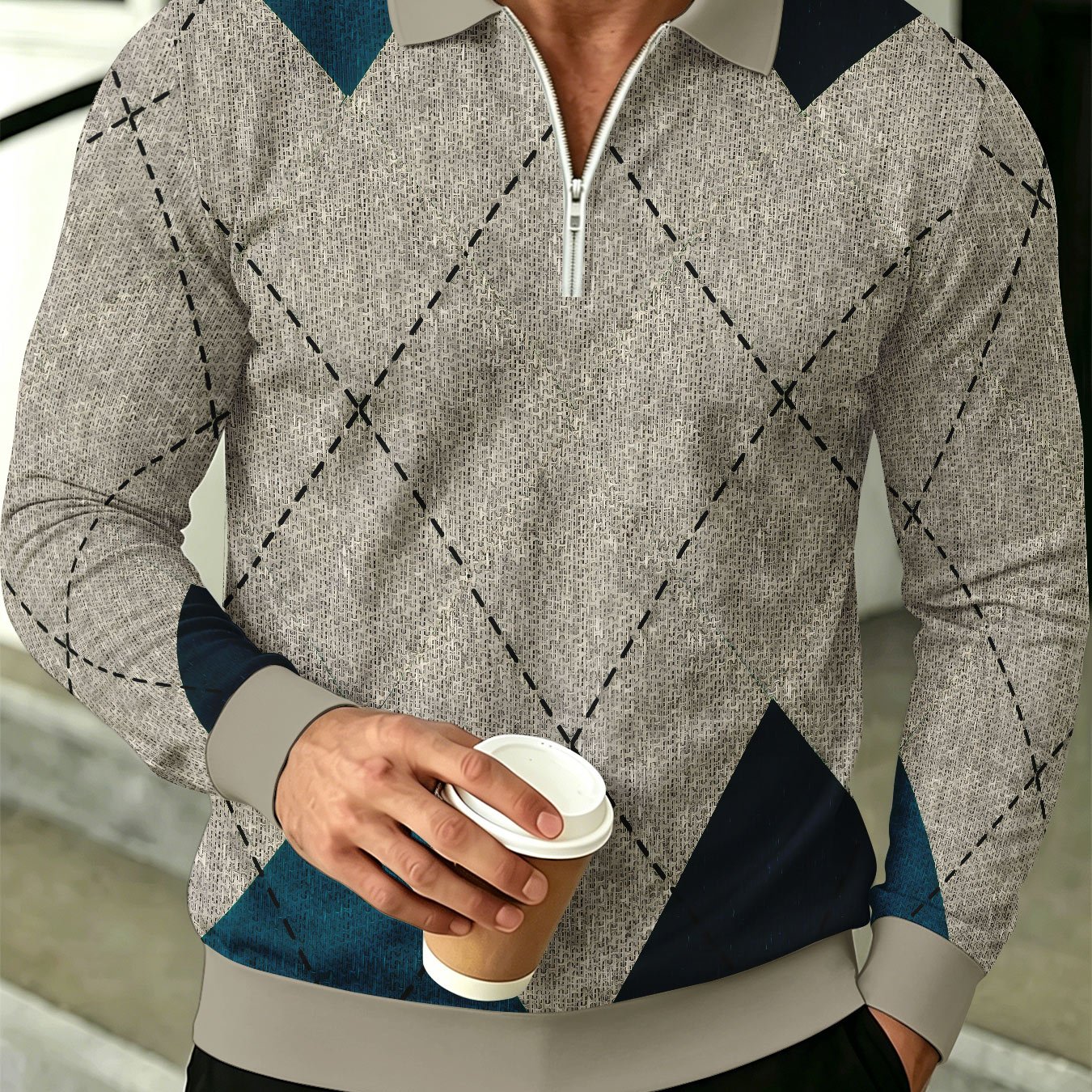 TEMU Men's Lapel Half-zip Shirt, Geometric Vintage Style Casual Top, Suitable For Spring And Autumn Wear, Gift For Boyfriend