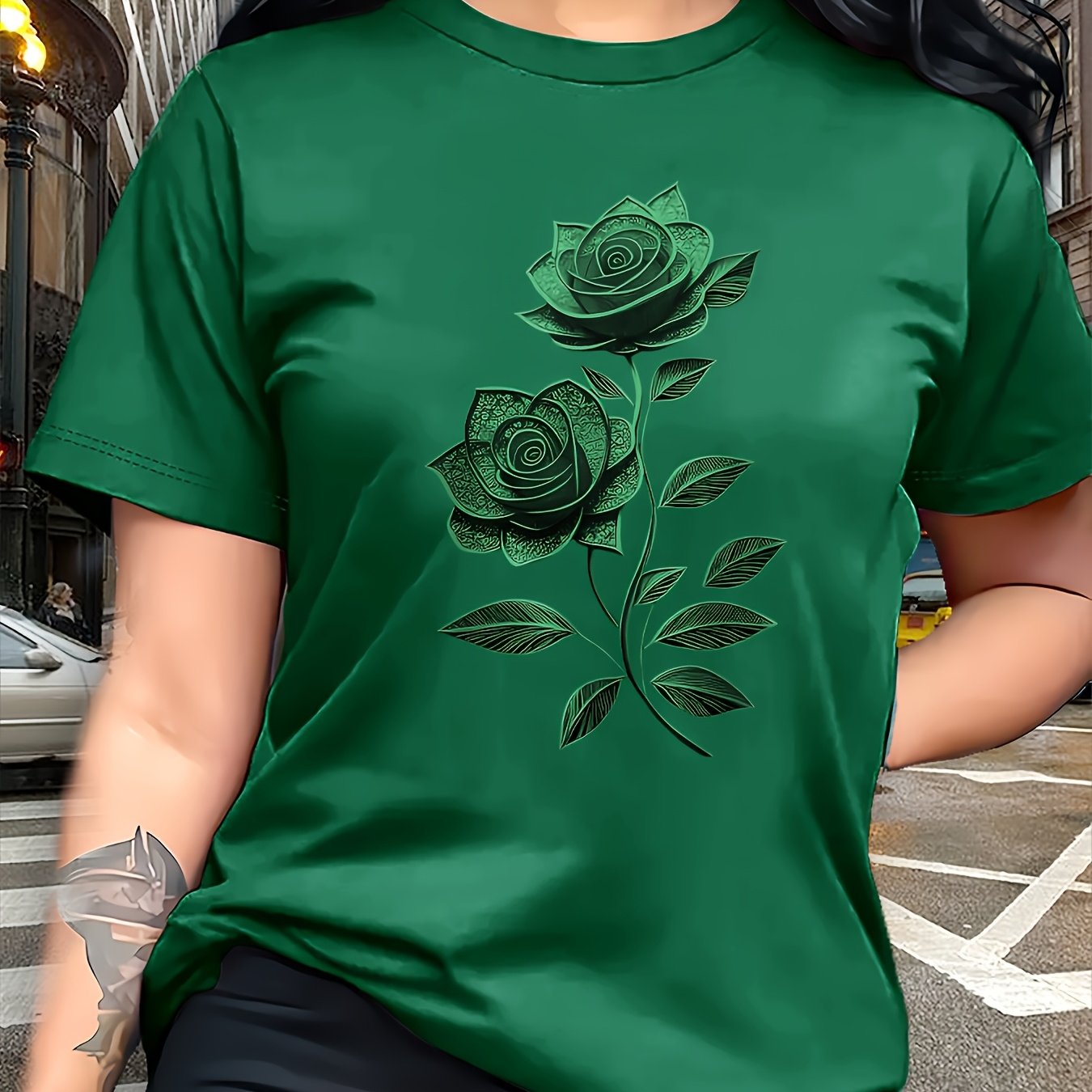 TEMU Elegant Women's T-shirt | Pattern - Casual Crew Neck Top | Breathable, Lightweight, Perfect For Spring And Summer Wardrobe