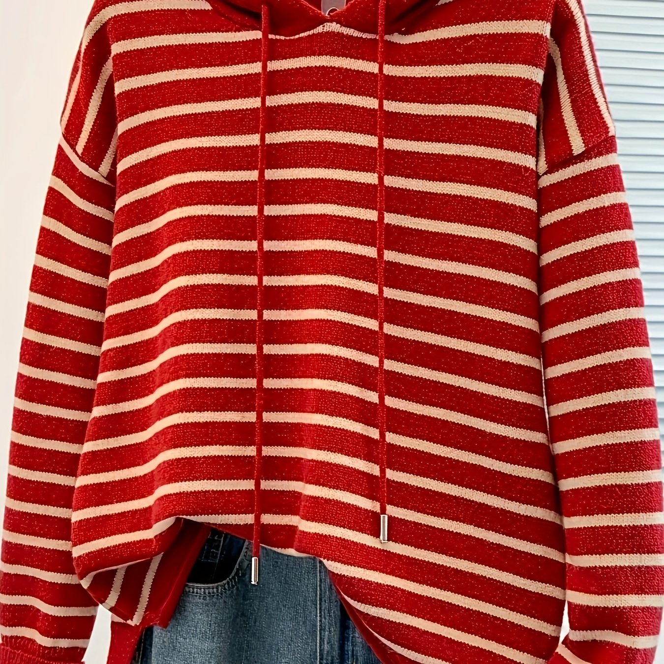 Image of Zd0411528 Brown Striped Hooded Sweater, Loose Casual Drop Shoulder Hoodie, Fashion Women's Wear