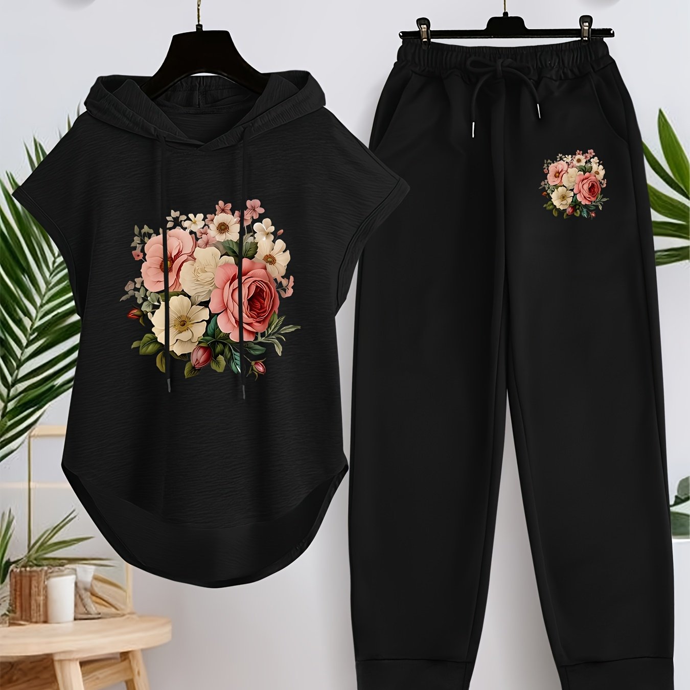 TEMU Ensemble décontracté 2 pièces pour femme avec sweat à capuche à cordon de serrage et pantalon - à motif floral, pantalon à taille élastique,
