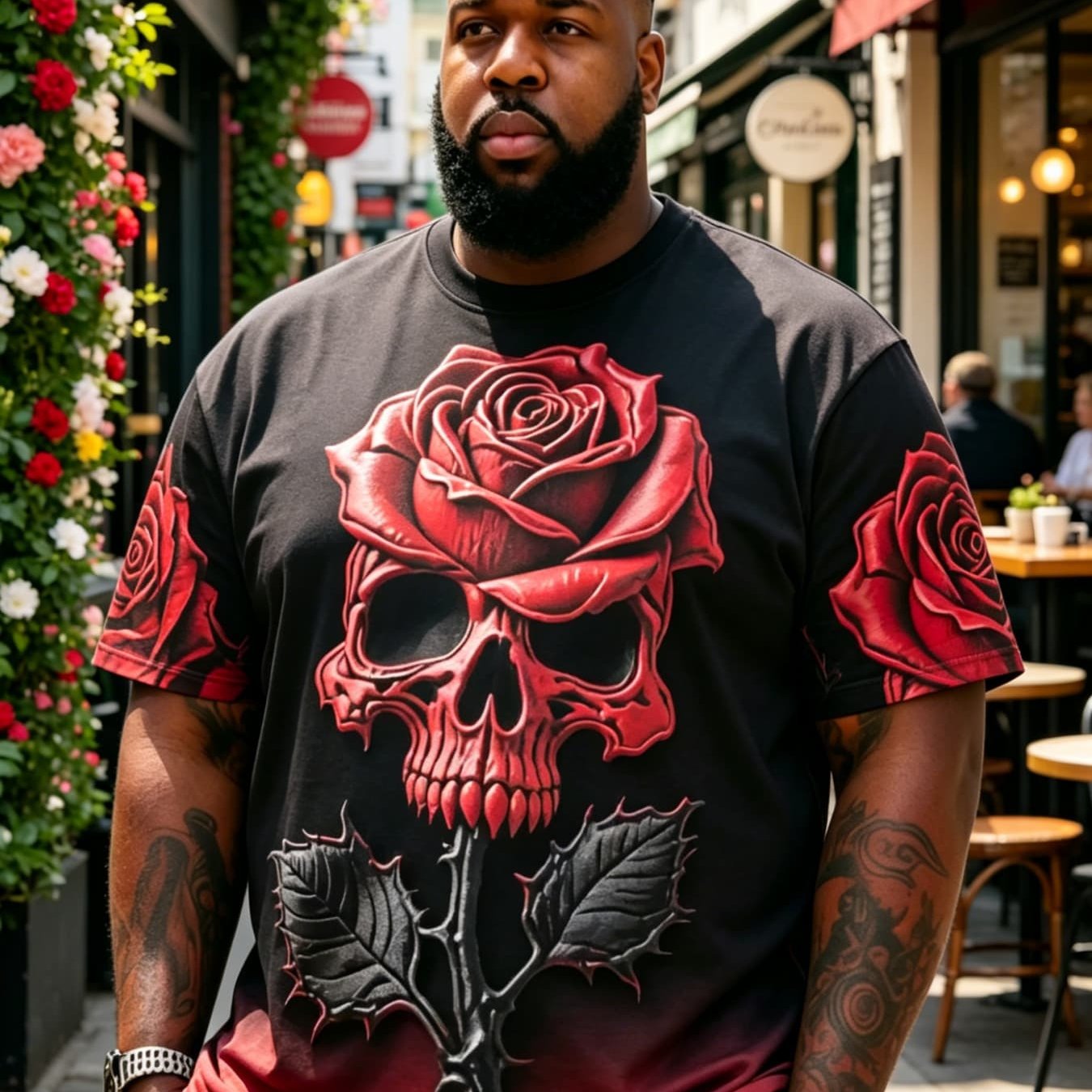 TEMU Men's Plus Size Dark Gothic Style Red Rose Skull Gradient T-shirt, Printed Streetwear Short Sleeve, Cool And Daily Summer Top, Plus Size