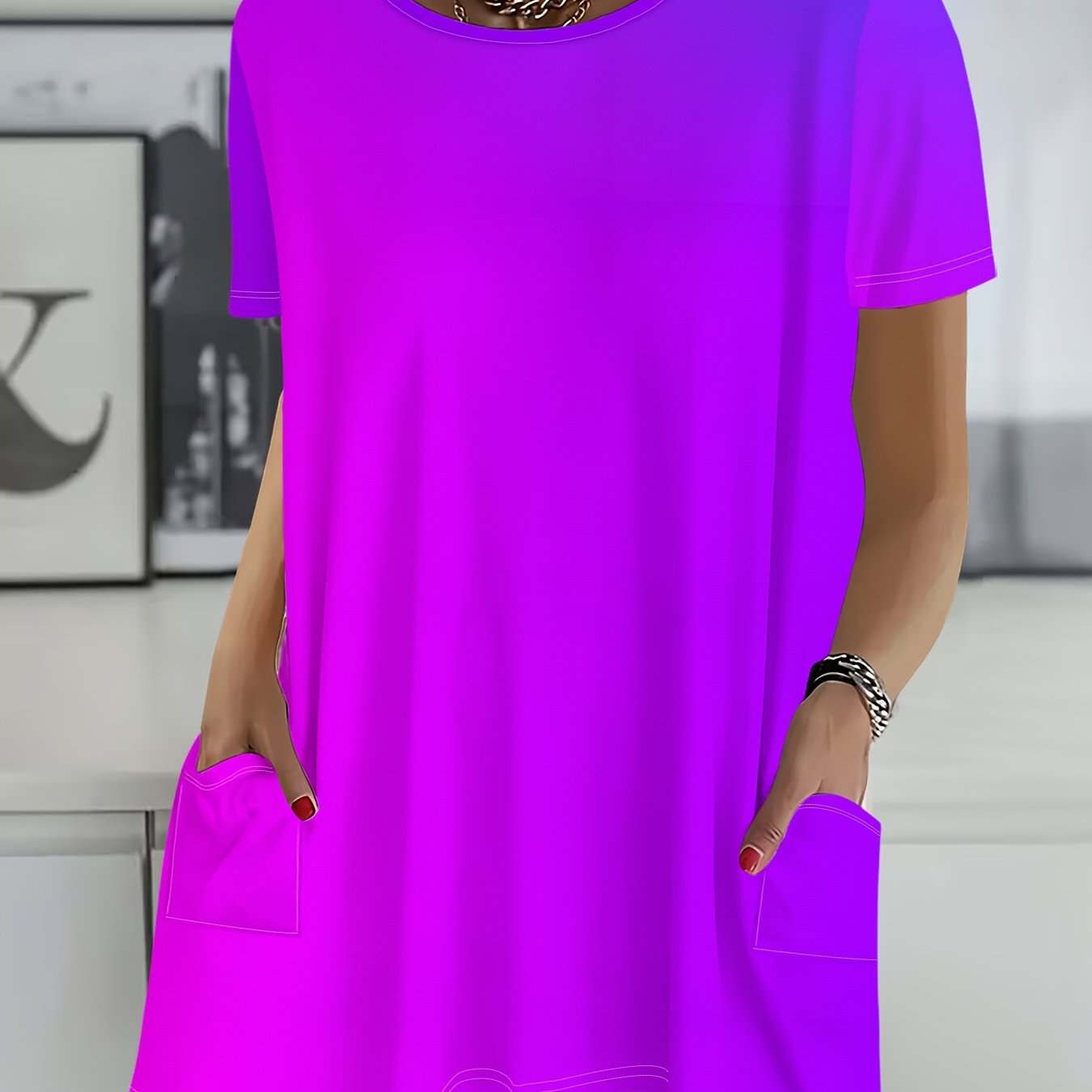 TEMU Women's Plus-size Oversized Tummy Control T-shirt - Loose-fit Short Sleeve Round Neck Top With Front Pocket, Solid Color Basic -compatible Tee