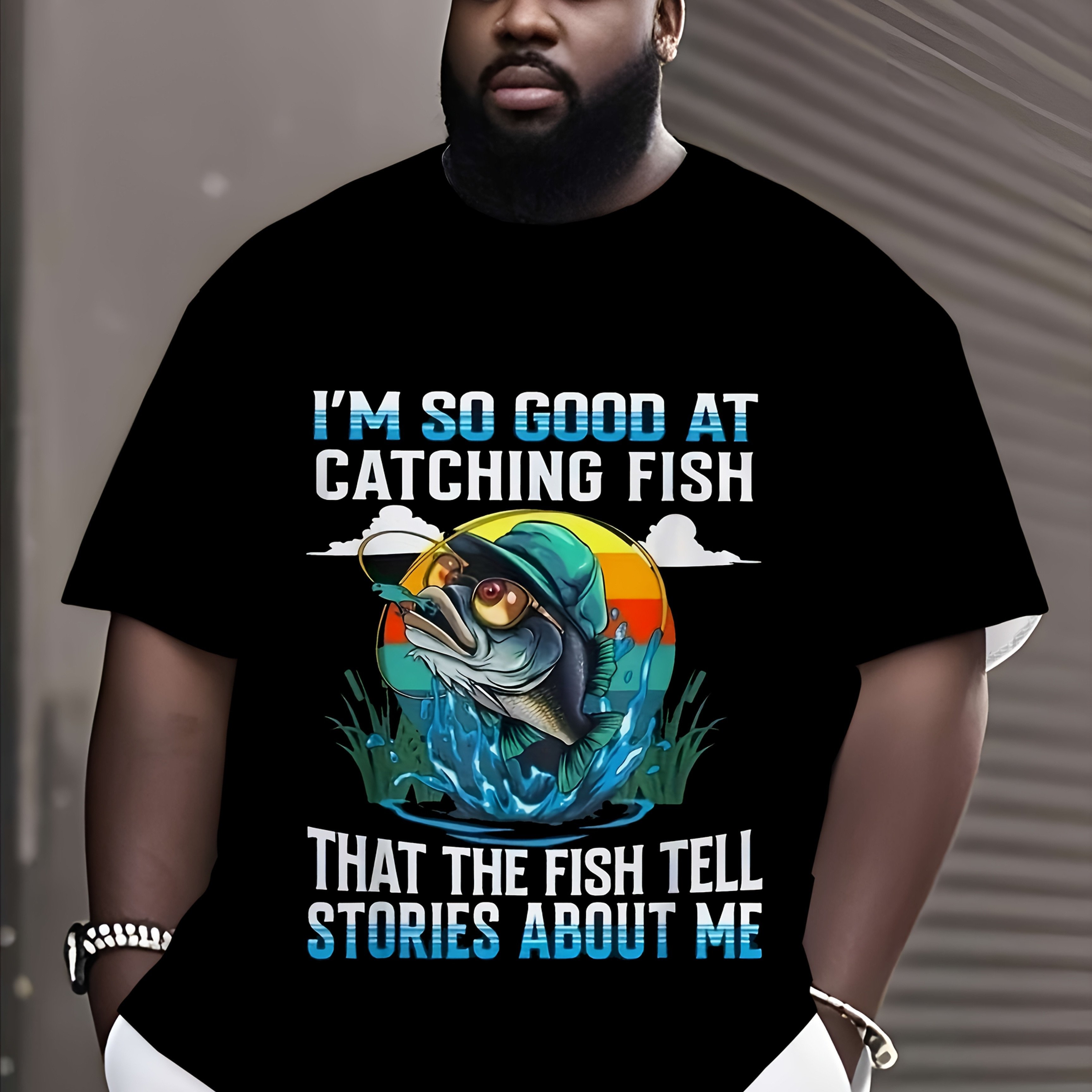 TEMU Men's Casual " At Fishing" Pattern Shirt - Colorful Design, Breathable Short Sleeve Top, Plus Size Street Style Summer Essential, Machine