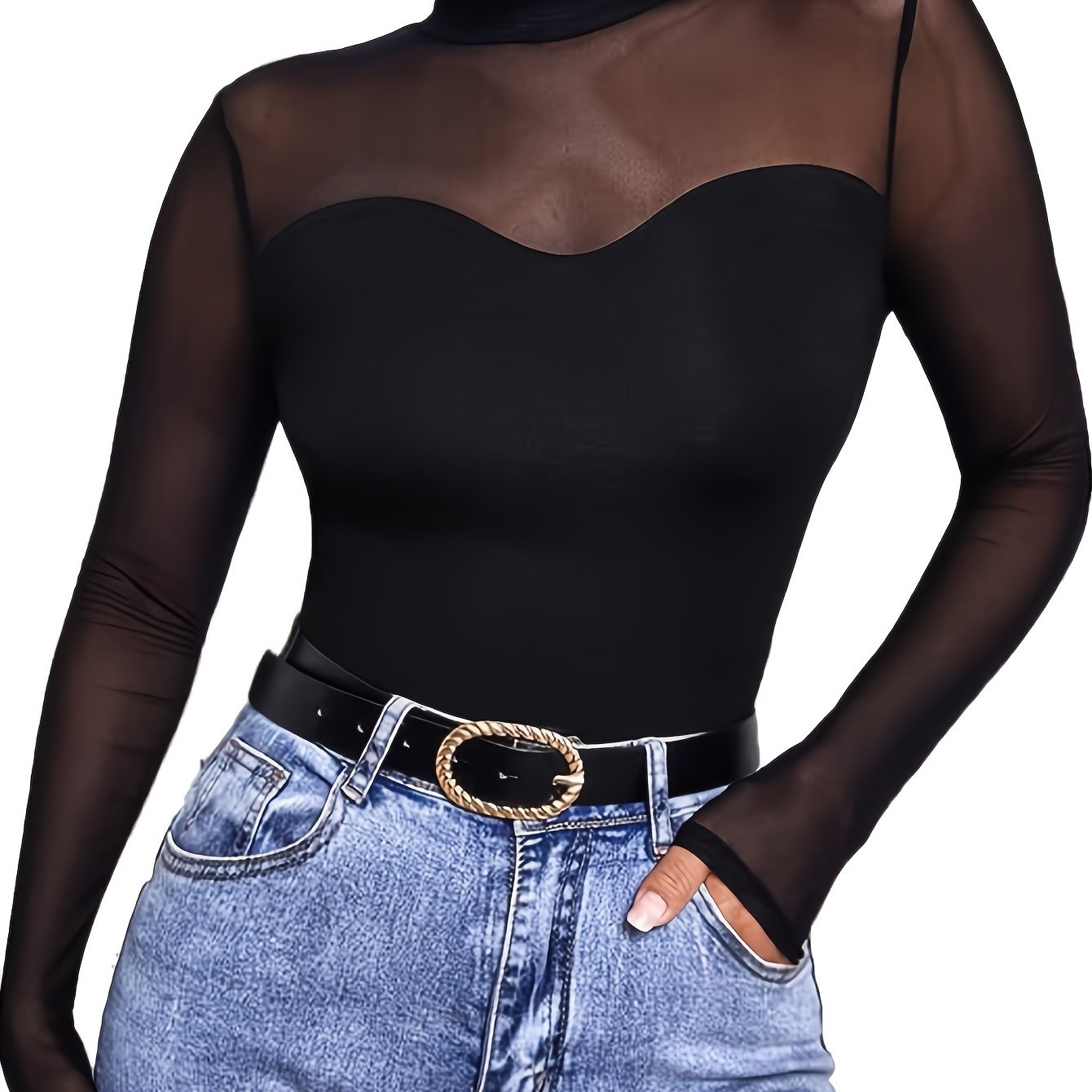 Women's Sheer Mesh Mock Neck T-shirt Top Long Sleeve Solid Color T-shirt Style