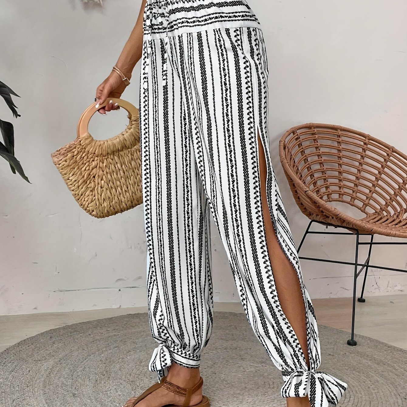 TEMU 1 Pair Of Summer Casual Women's Pants, With A Beautiful And Elegant Side Slit Tie Design, And Comfortable And Breathable Fabric