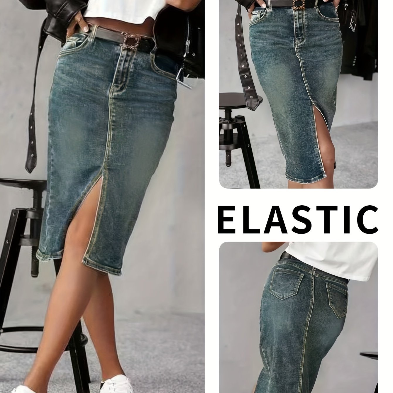 Stretch Side-slit -hugging Denim Skirt