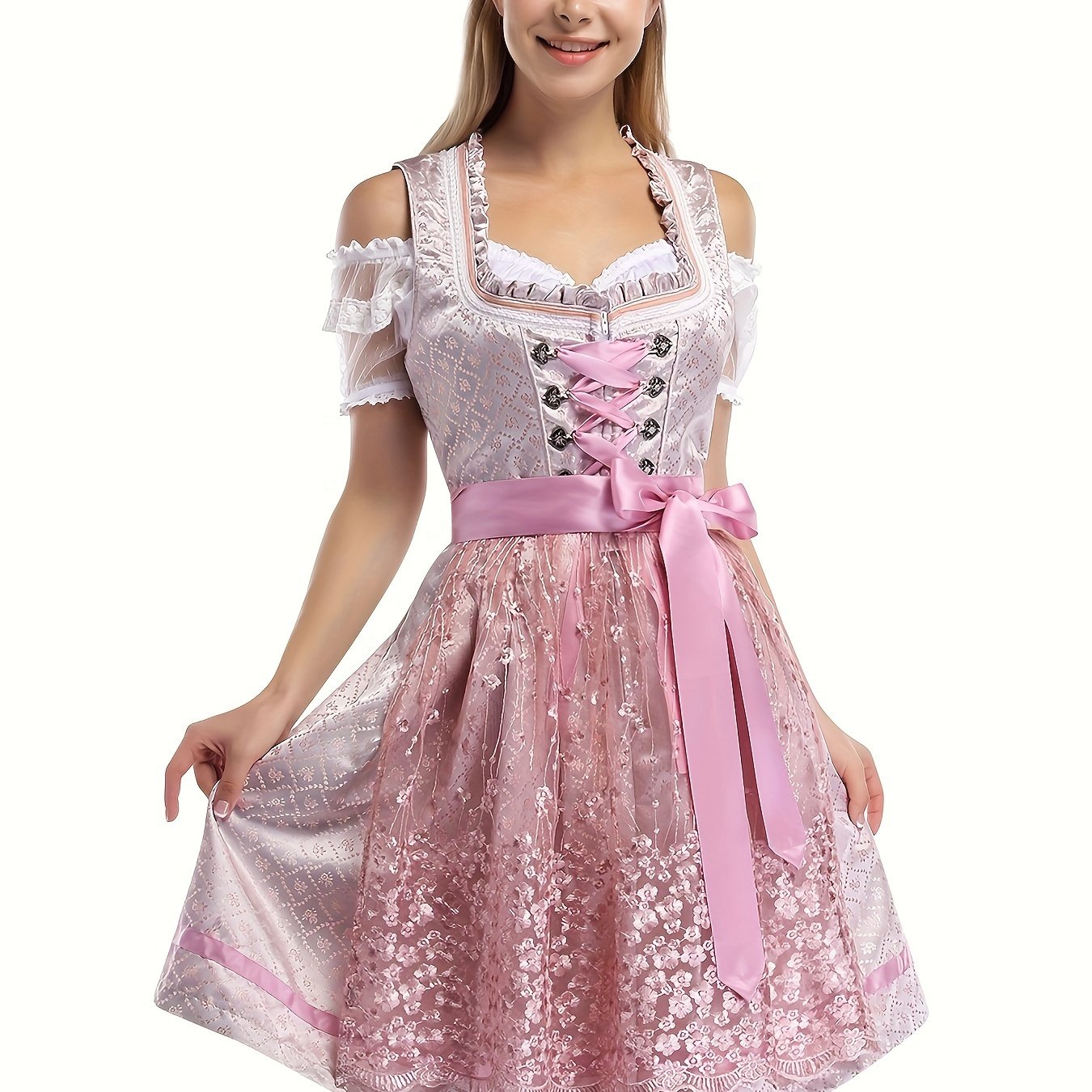 Exquisite Pink Satin And Lace Floral Mini Dress Two-piece Set