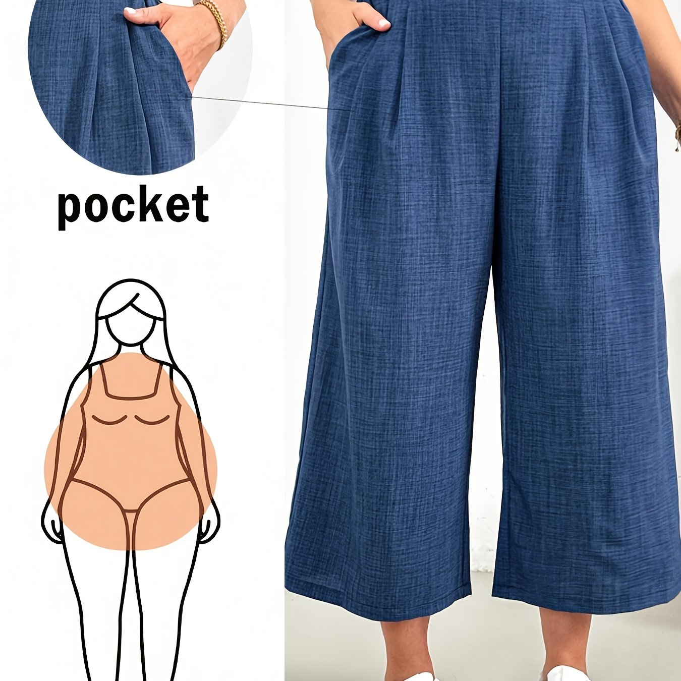 E-shop Plus Size - Plus Size - Plus Size Damen Frühlings- und Sommermode Lässig Locker Bequem Elastischer Bund Blaue Weite Beinhose, Lockere Hose,
