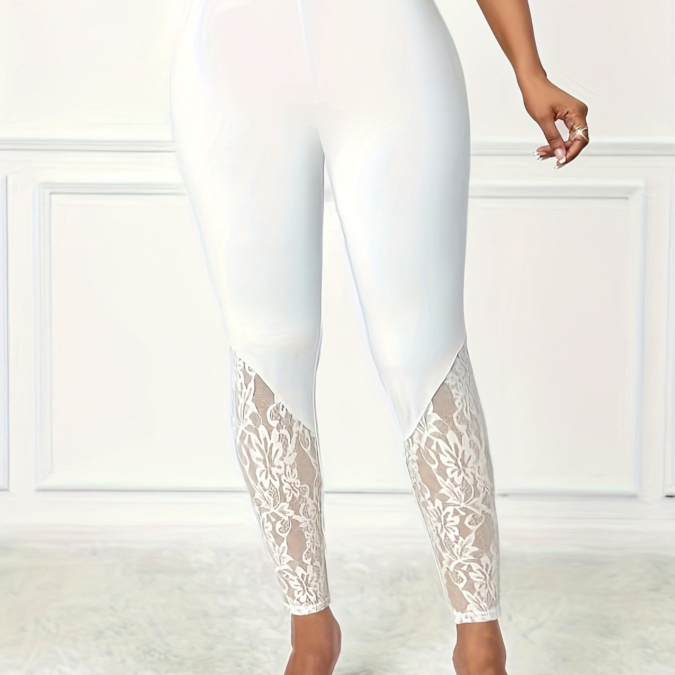 Plus Size, Plus Size Women's Elastic Waist Contrast Lace Splicing Leggings