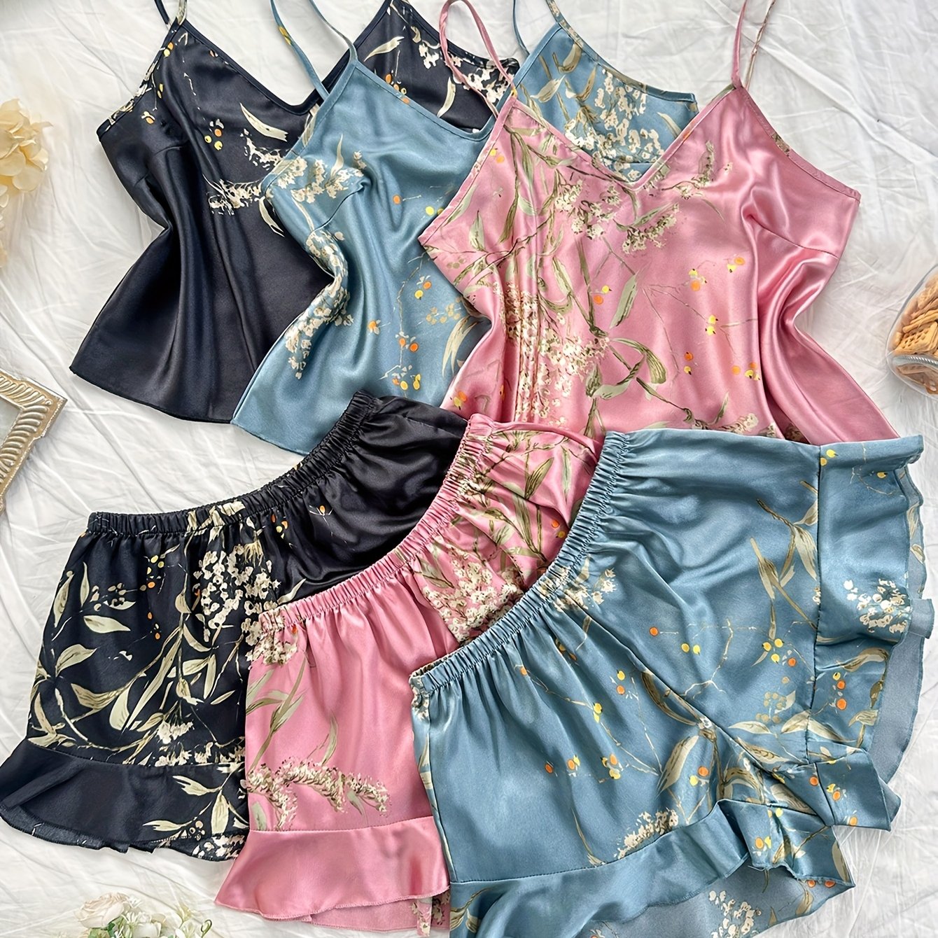 E-shop 6-teiliges Set, Mode Sexy Print Träger Top, Lotusblattkanten Shorts, Pyjama Set, Damen Übergröße