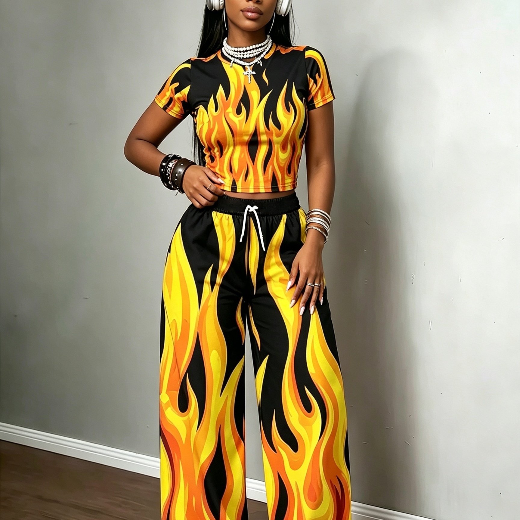 TEMU Women's Y2k Sweet & Edgy -block Flame Print Crop Top And Wide-leg Pants Set, Unique Streetwear Outfit