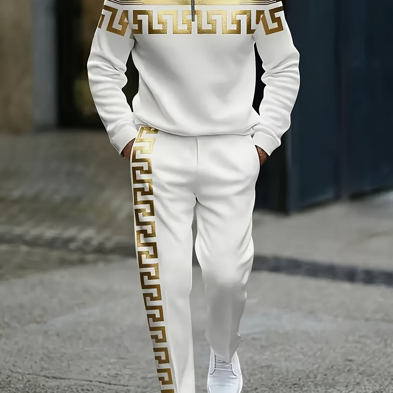 TEMU Sports Suit, White Golden Contrasting, Golden Geometric Pattern, Half-zipper Collar Design, Premium Fabric, Durable Material, , Half-zipper