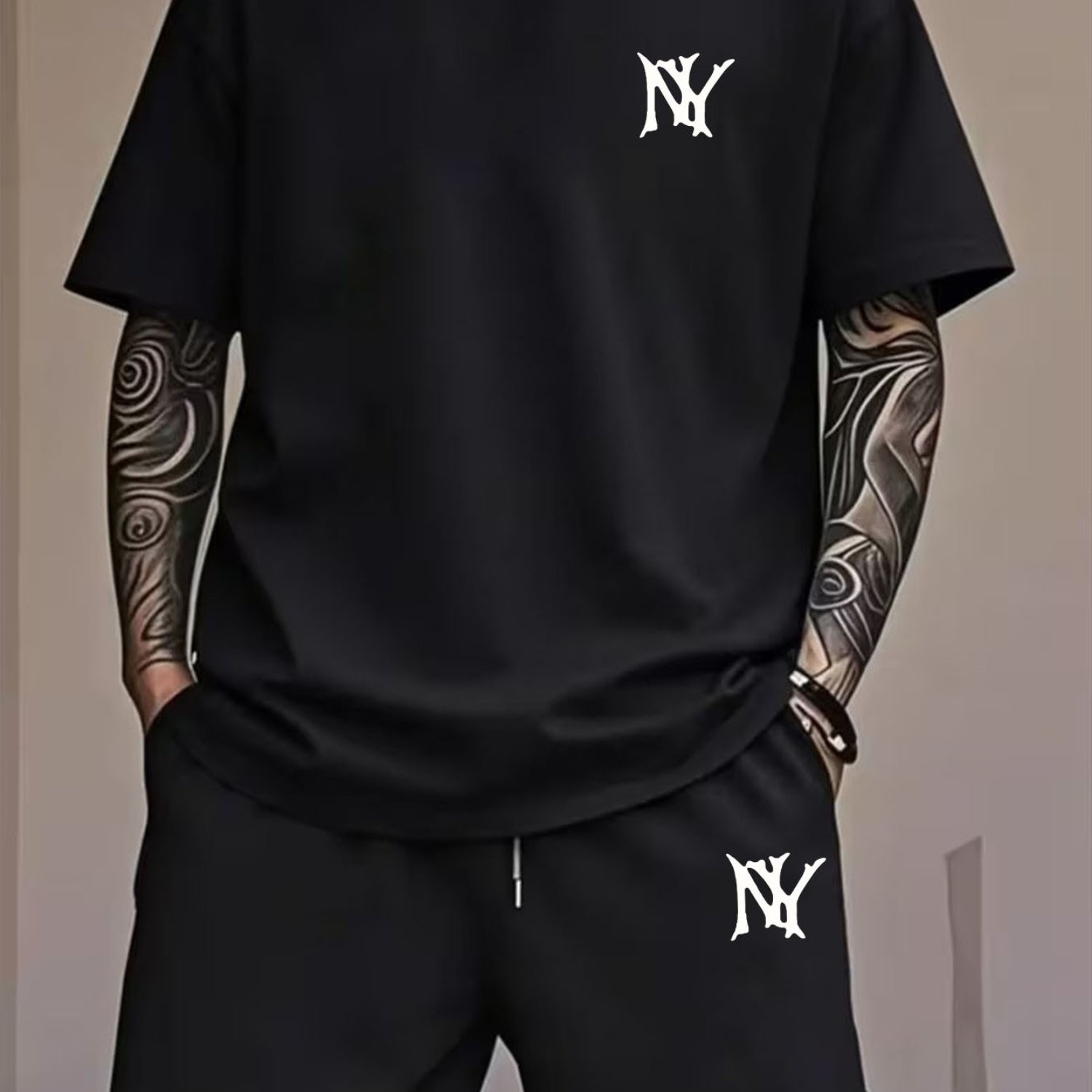 TEMU Men's Fashion Set, Casual And Versatile Style, Available In Multiple Colors. Men's Casual Printed Set, Black Short-sleeve T-shirt And Shorts,