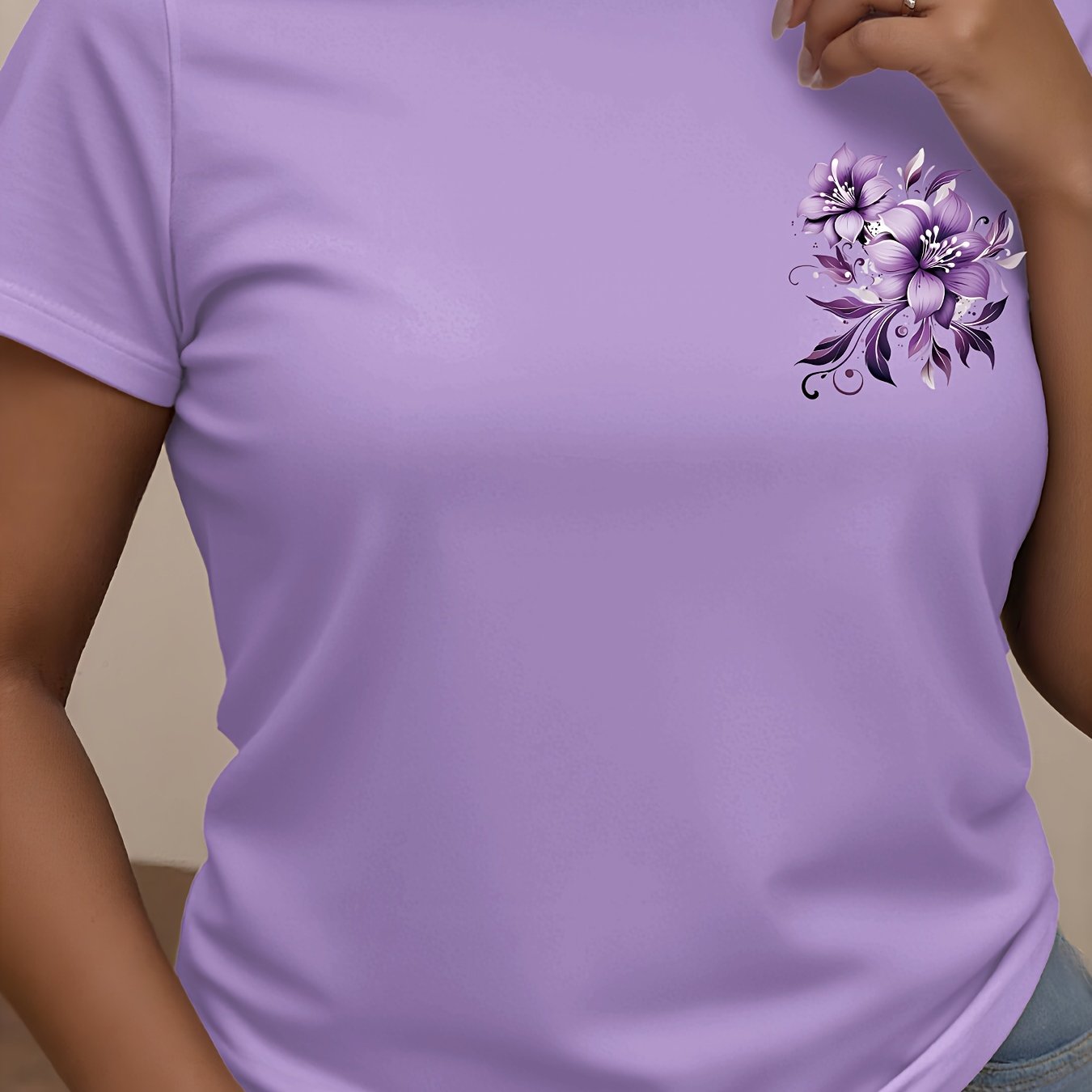 TEMU Women's Casual Short-sleeve Crew Neck T-shirt - Purple Floral Print, , Gift, Soft And Breathable Fabric, Machine Washable, Spring And Summer