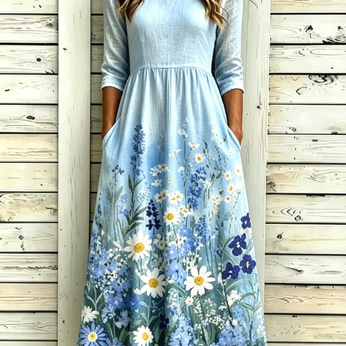 Image of Elegant Women's Floral Print Midi Dress With Round Neckline And Pockets