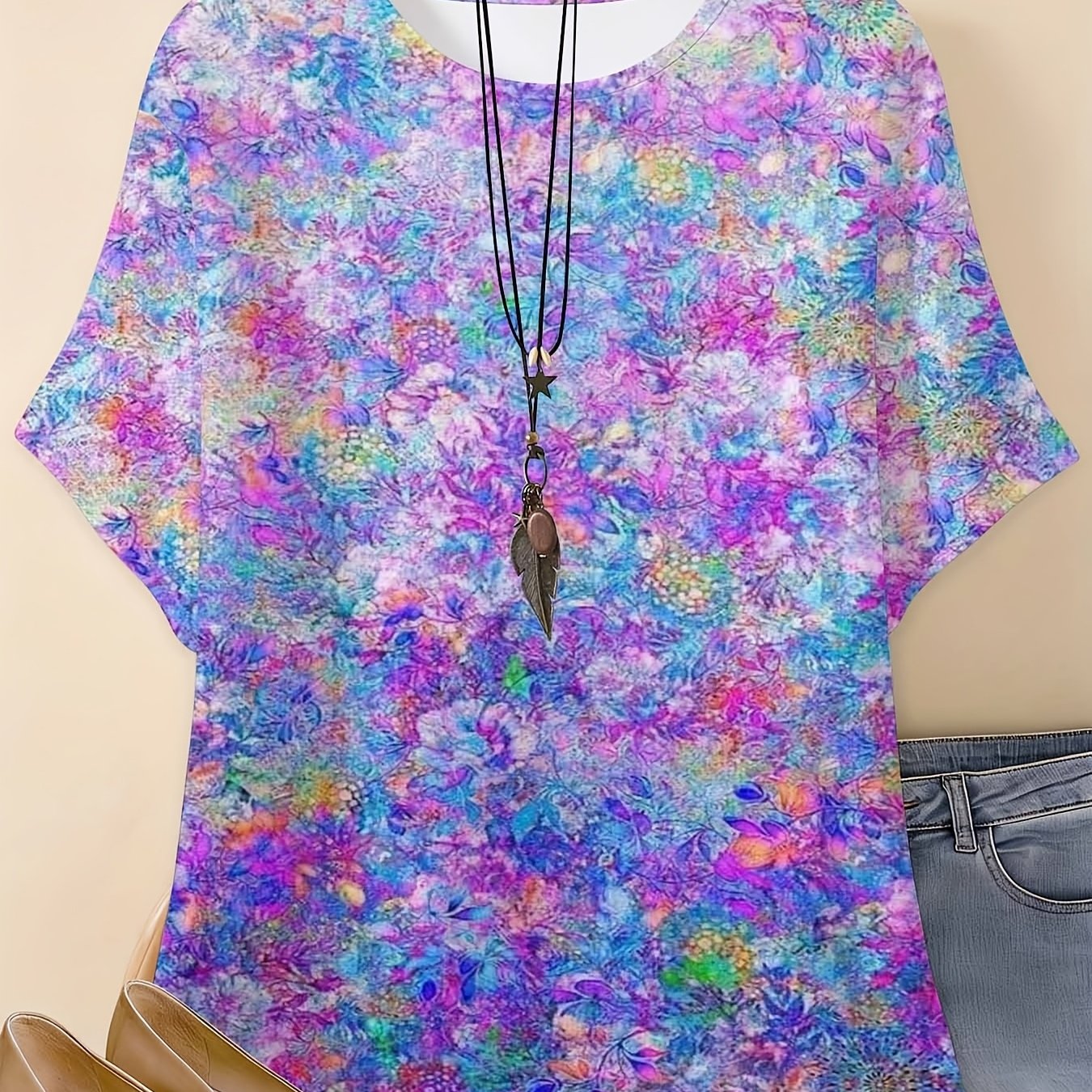 Plus Size - Plus Size - Plus Size Women's Vibrant Floral Pattern Short Sleeve Shirt, Loose-fitting Pullover. This Summer Top Embodies A Fashionable Bohemian Style, With Jeans And A Necklace