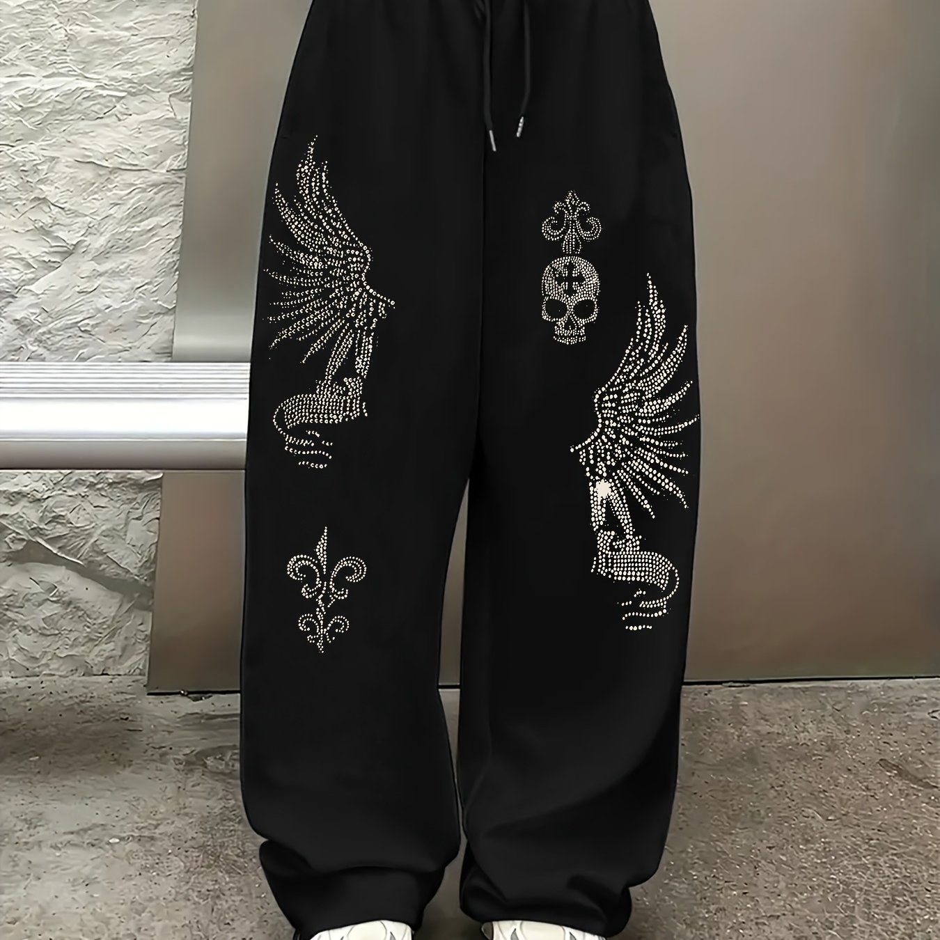 TEMU Skull Head And Wings Sports Pants With Elastic Waist Cord And Drawstring For Women