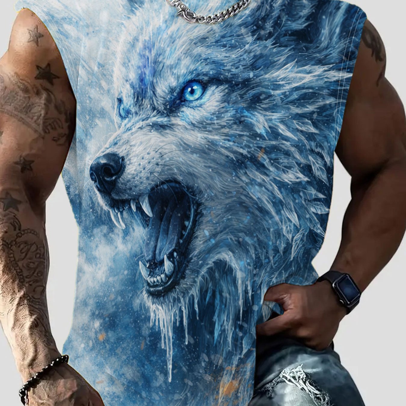 TEMU [printed Design-not Textured] Summer World Snow Wolf Sleeveless Vest Men's Trendy Sports Fitness Vest World Snow Wolf Pattern Men's Summer
