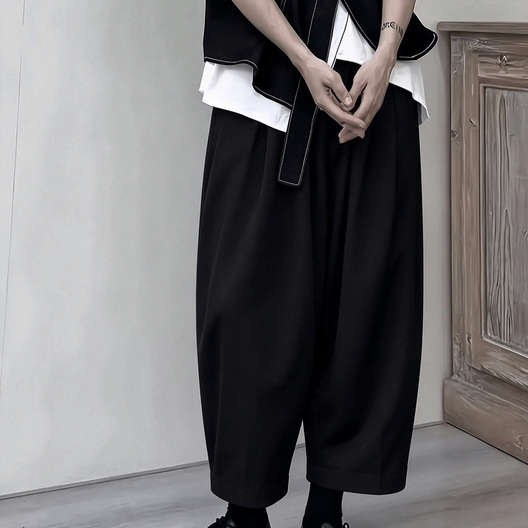 TEMU Women's Loose Wide-leg Cropped Banana Pants - Straight-leg Elastic Waist Casual Trousers With Pockets, For Everyday Wear, High-waisted Design,
