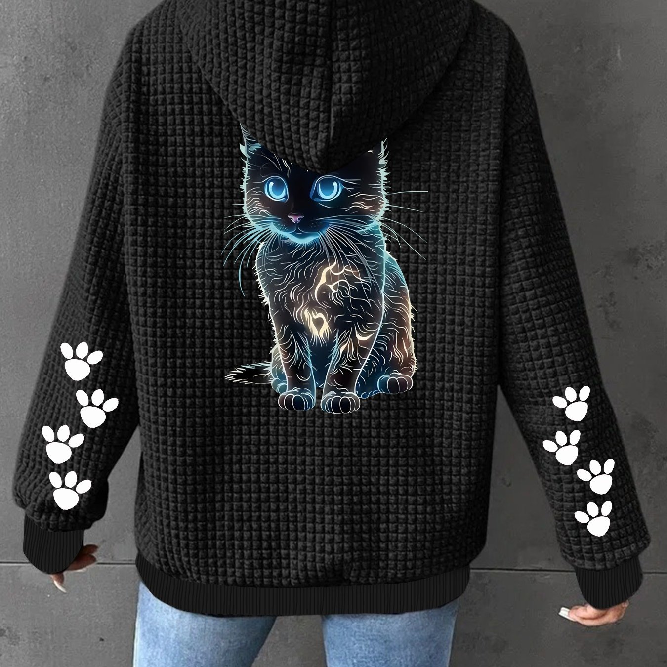 TEMU Comfortable Waffle Women's Jacket, Zipper Hooded Casual Lightweight Comfortable Outerwear, Women's Top Casual Sport Coat. Cute Cat Fashion Print