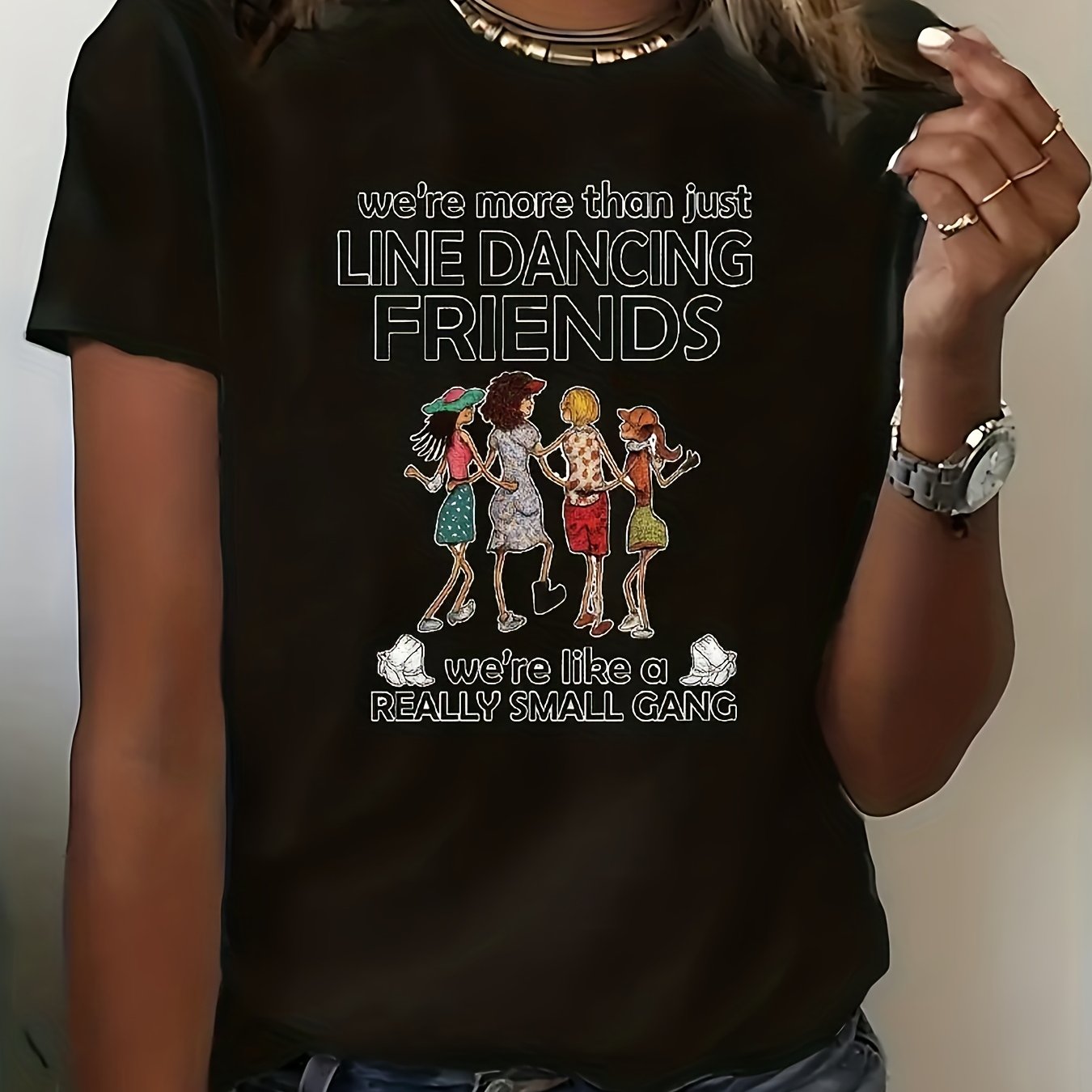 TEMU Women's Round Neck T-shirt, Colorful Pattern - " Dance " Design, Short Sleeve, Casual Crew Neck, Lightweight, Spring Summer