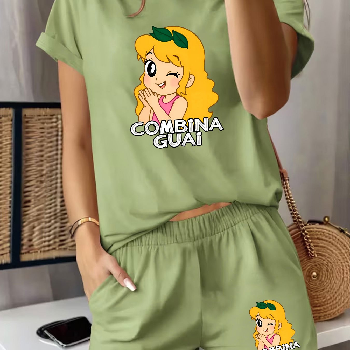 TEMU A Stylish And Elegant Women's Outfit Featuring Cartoon Characters With Green Leaves, Including A Round-neck Short-sleeve T-shirt With The Guai