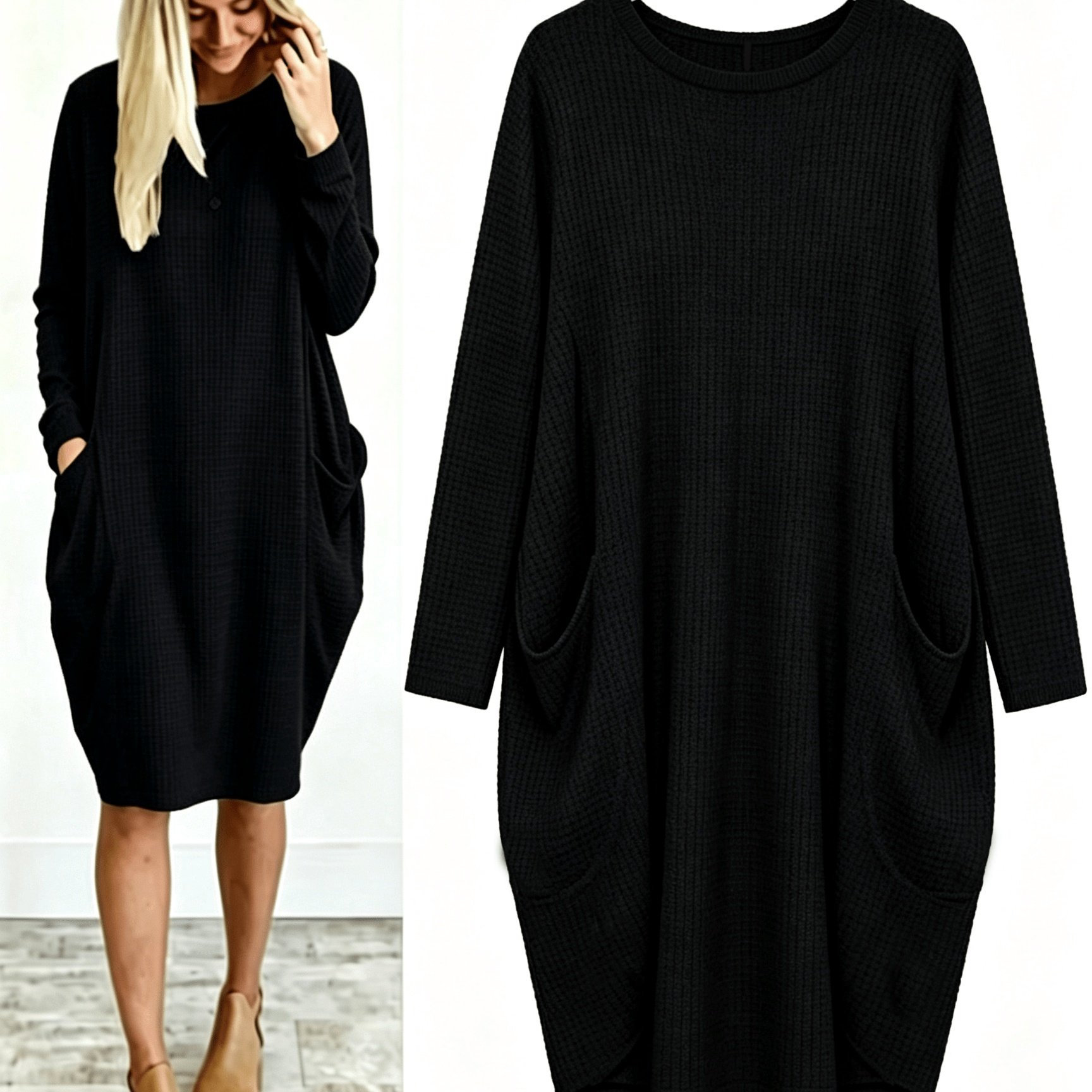 TEMU Plus Size - Beautiful Women's Plus Size Round Neck Loose Long Sleeve Solid Waffle Dress With Pockets