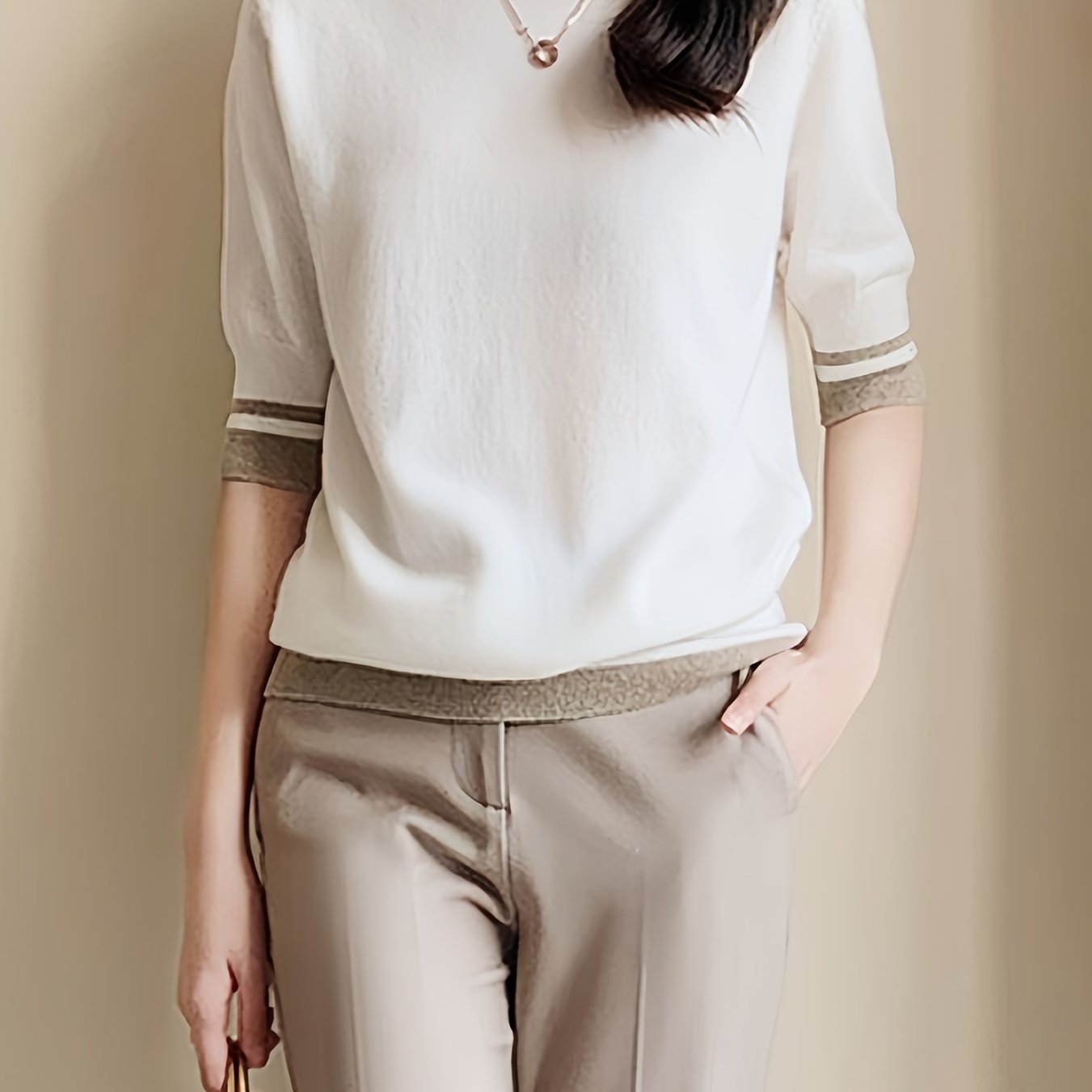 E-shop Kurzarm Temperament Rundhals Damen Einfaches Casual Color-Block Bequemes Pullover Top