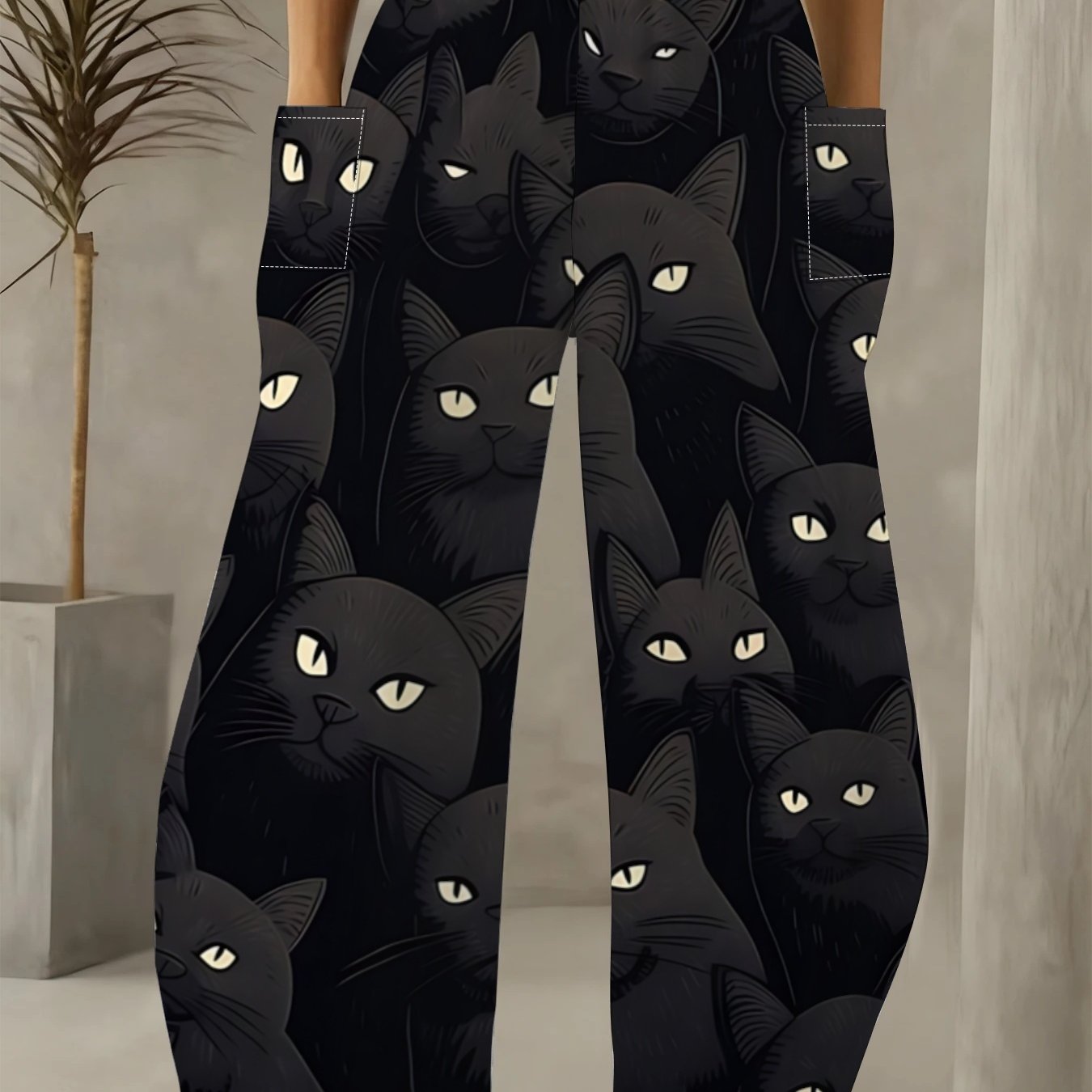 TEMU Black Cat Print Wide-leg Pants, Full Print Of Diverse Black Cat Headshots, Exuding A Mysterious And Cool Aura, Highlight For Daily And Street