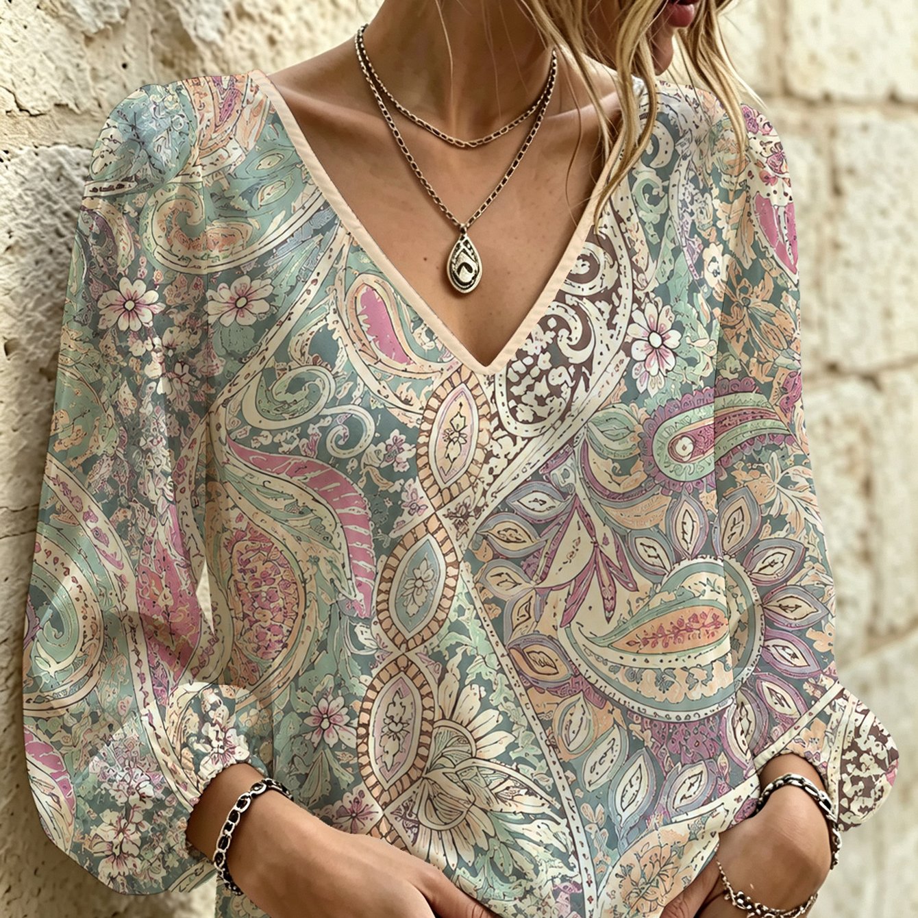 TEMU [digital Printing] Vintage Paisley Floral Women's V-neck Long Sleeve Shirt For Office, Beach, Vacation, Party, Street Casual Wear