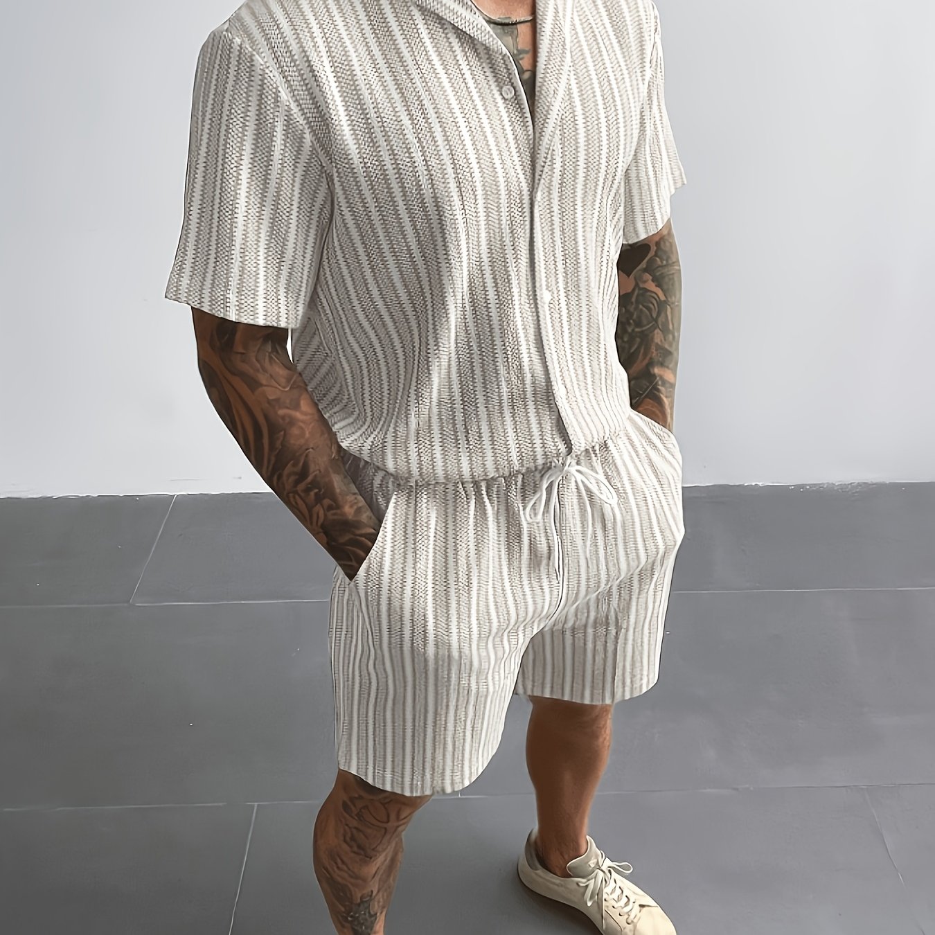 Men's 2pcs Bohemian Style Set: Shirt And Shorts, Striped Jacquard Textured Shirt