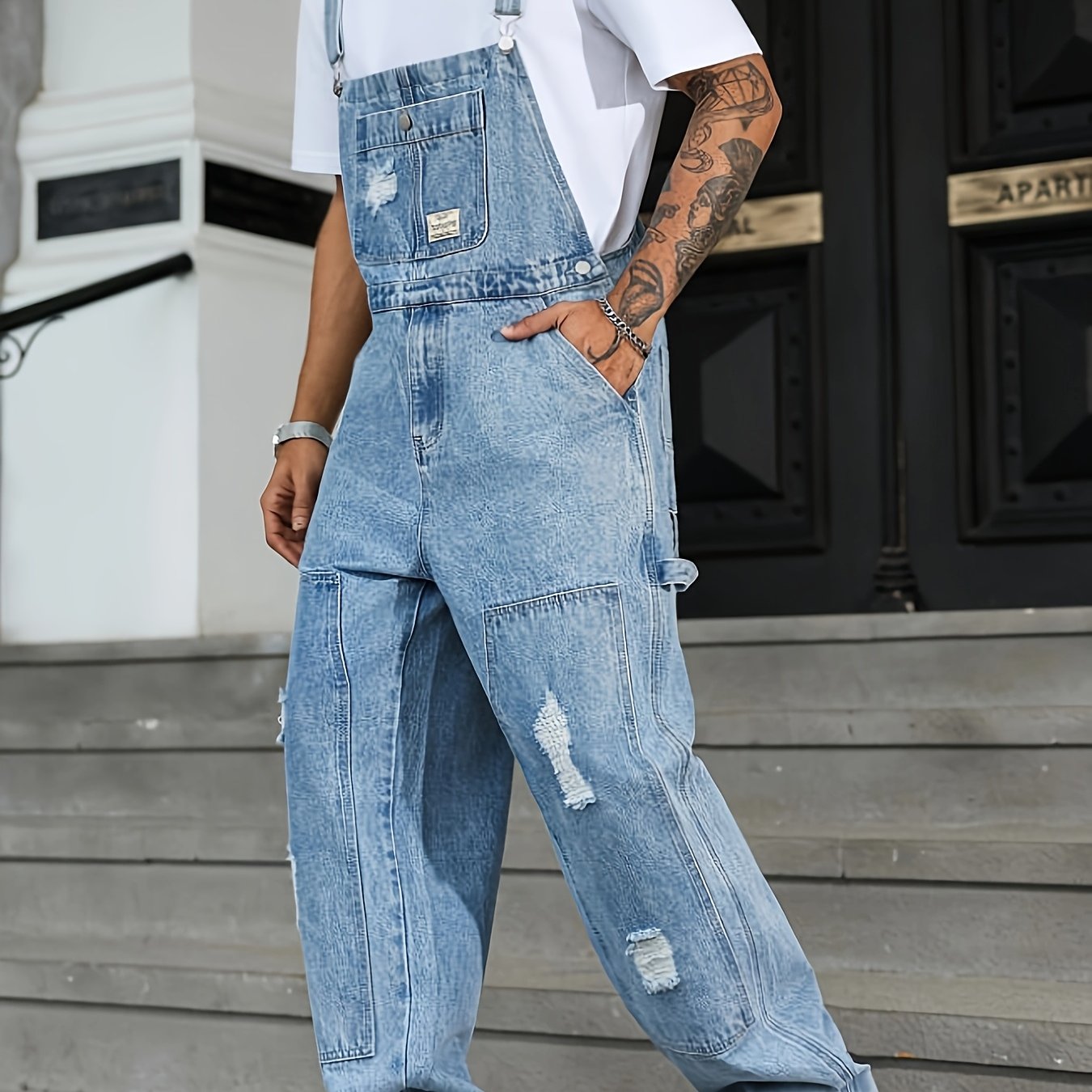 TEMU Trendy Men's Denim Overalls, Loose Straight-, Multi-pocket Workwear-style Casual Pants, Overalls With Distressed Design, Versatile Casual Wear