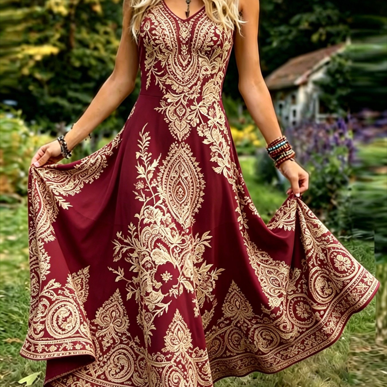 Women's Vintage-style Sleeveless Dress - An Elegant, Casual, Round-neck A-line Maxi Dress. Easy To Care For, Perfect For Daily Wear And Vacation Leisure