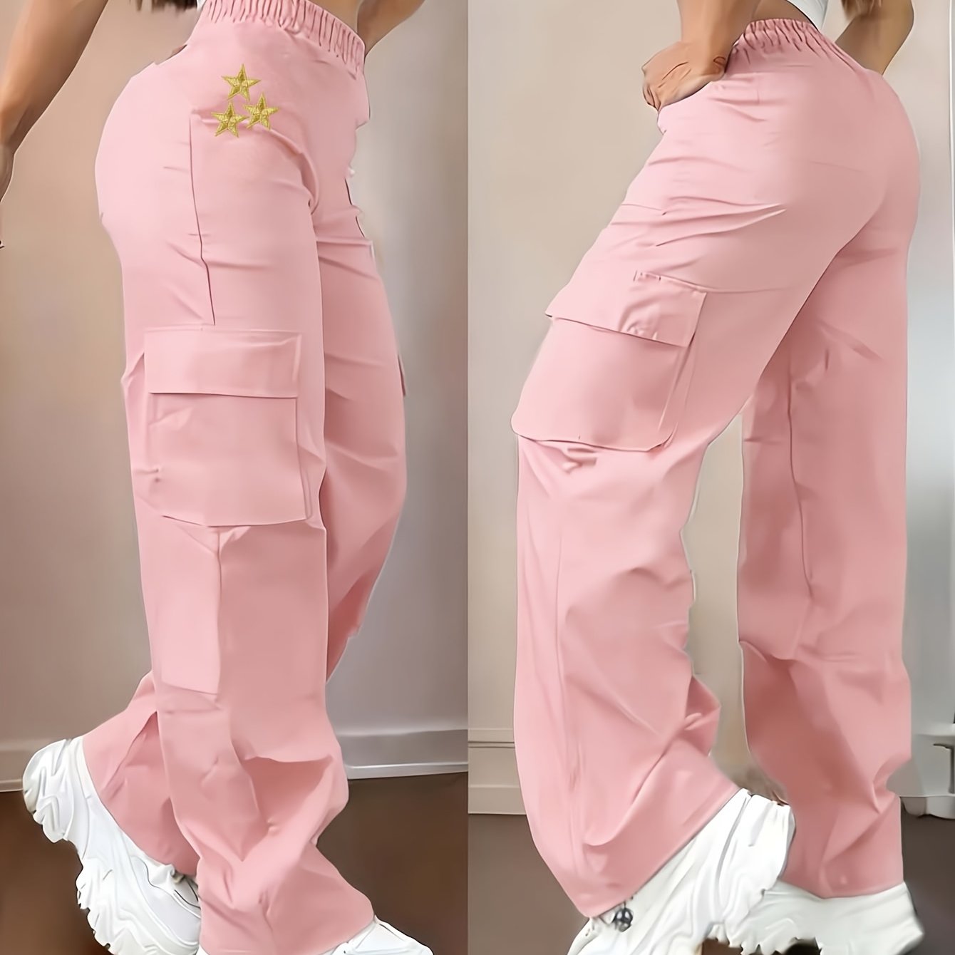 TEMU D355- Women's Casual Long Pants, With Embroidered Five-pointed Star Pattern Print, Fashionable Cargo Pants - Why1467