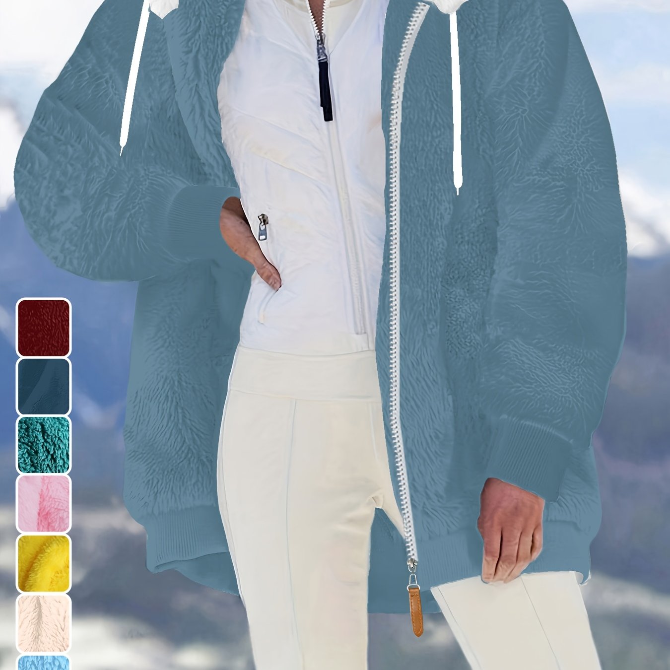 TEMU Ladies Autumn Winter Relaxed Cut Plush Hooded Outercoat, Contrast Zip Front Warm Lined Jacket, Ribbed Cuff Windproof Casual Outerwear For Daily