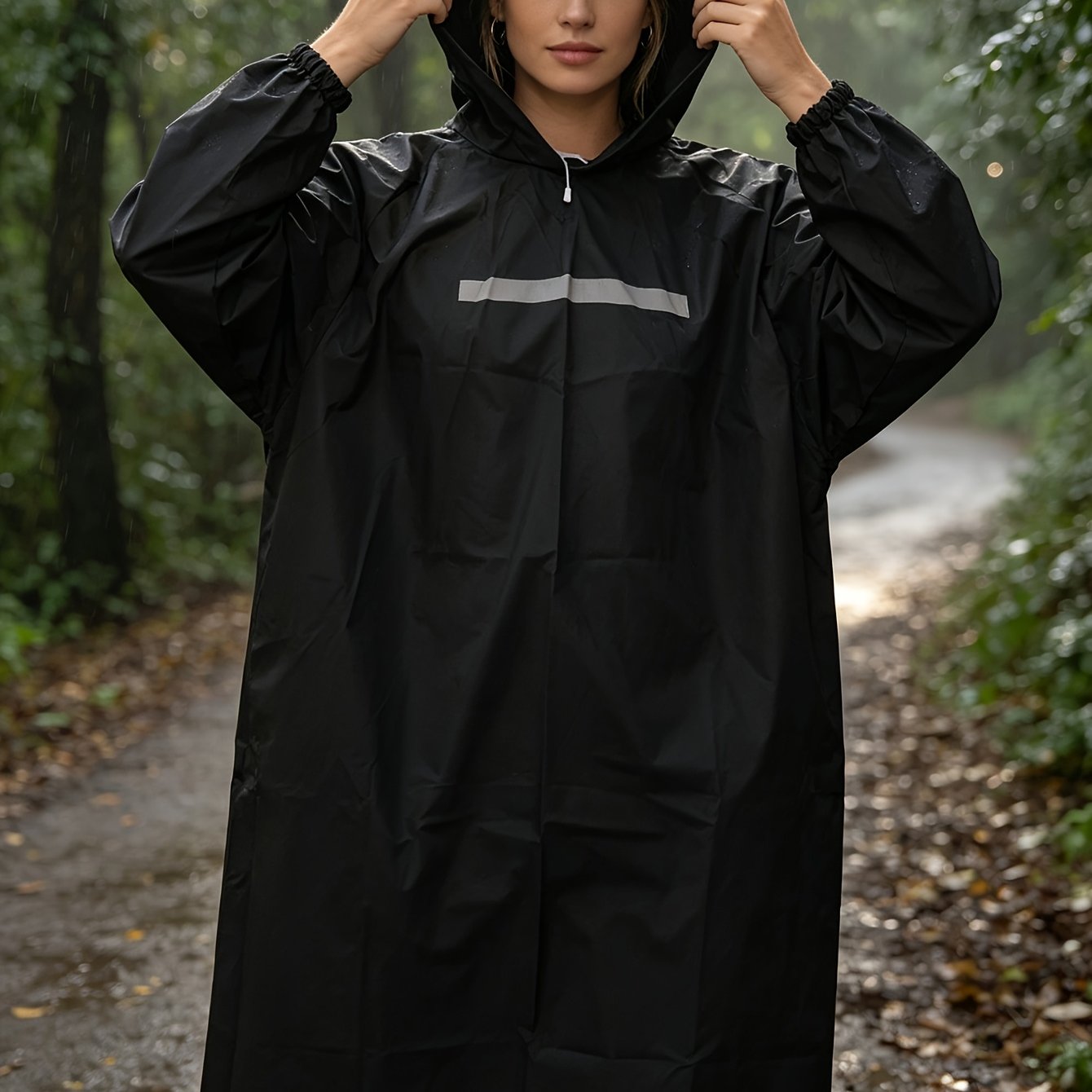 TEMU Cape de pluie pull longue intégrale 1 pièce avec capuche et motif réfléchissant d'avertissement, pour camping et alpinisme, avec poignets