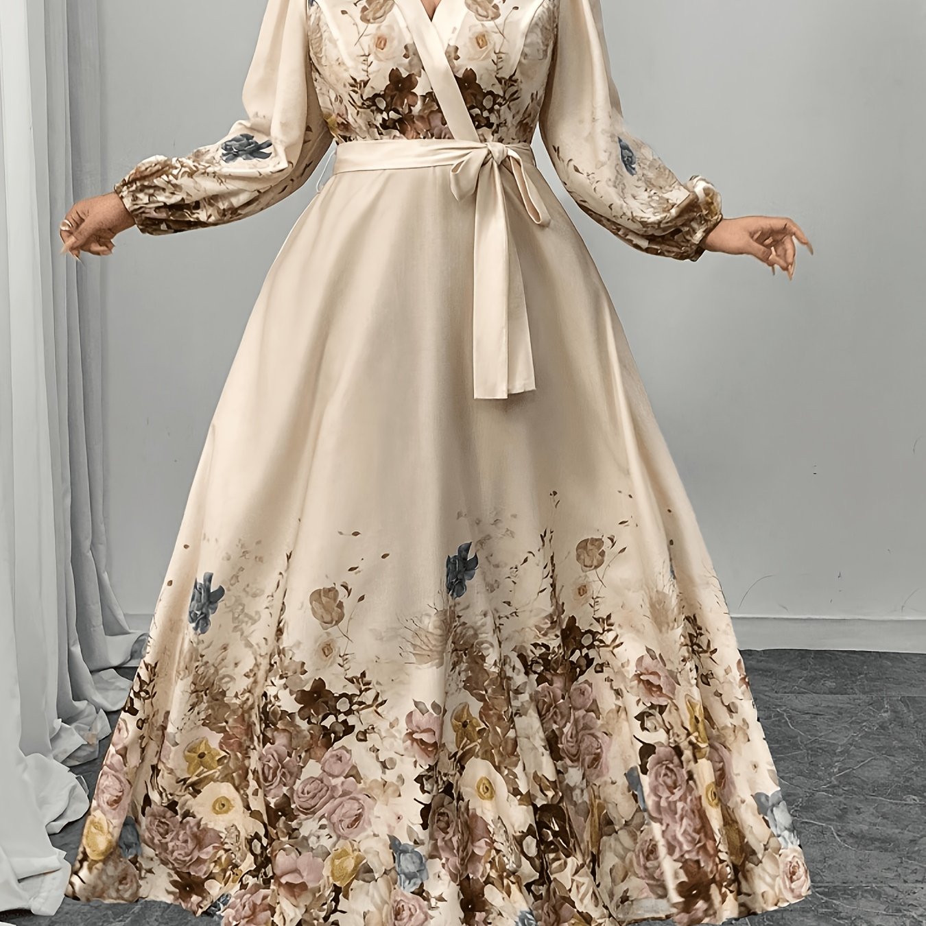 TEMU Plus Size - Women's Plus Size Long Sleeve Printed V-neck Maxi Dress